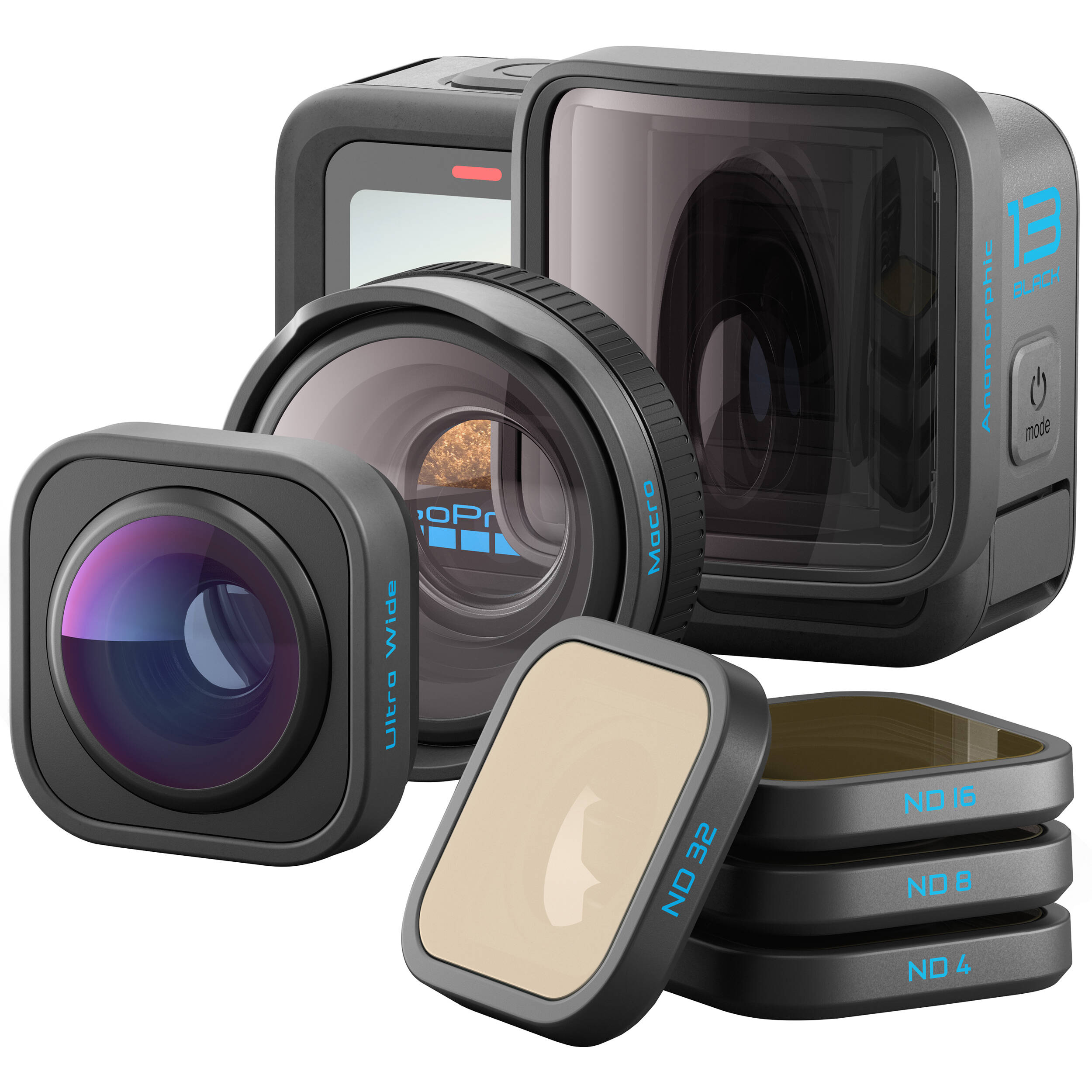 GoPro HERO13 Black with HB‑Series Lenses bundle, including Ultra Wide, Macro, Anamorphic lens mods and ND filter pack, shown with lens mods attached to the camera body.