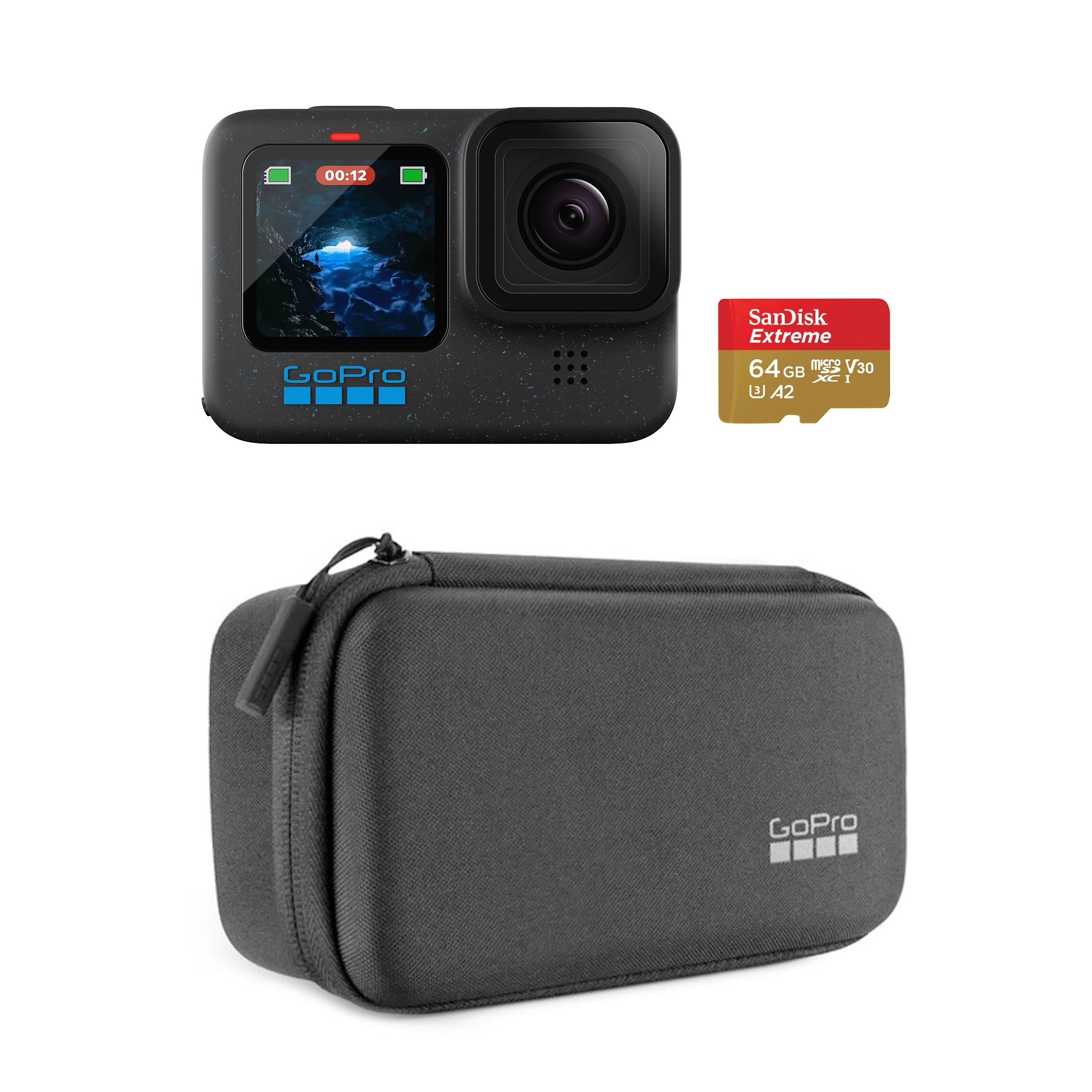 GoPro HERO12 Black Specialty Bundle including the HERO12 camera with 5.3K video, 27MP photos, HyperSmooth 6.0 stabilization, Enduro battery, 64GB microSD card, carrying case, mounting loop, and curved adhesive mount for versatile adventure shooting.
