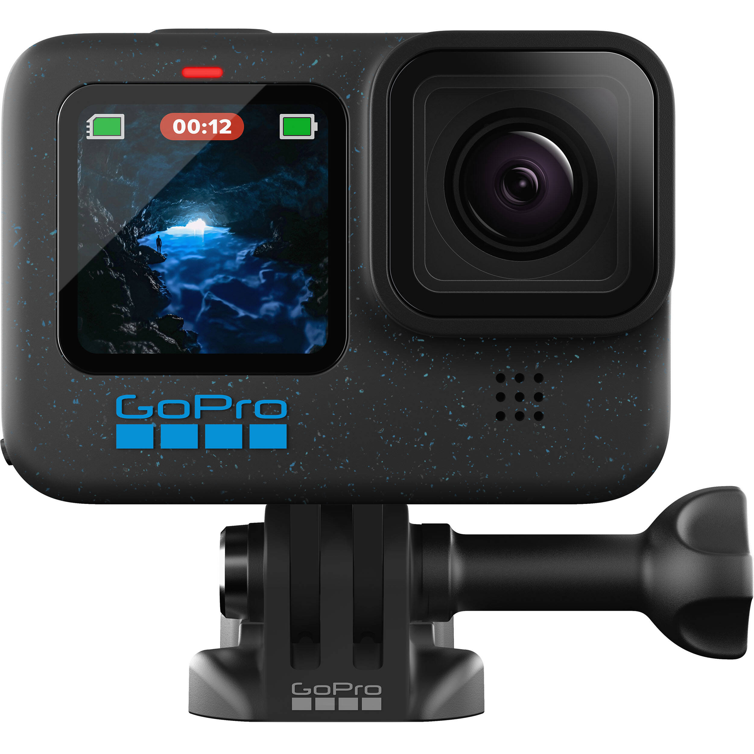 GoPro HERO12 Black Specialty Bundle including the HERO12 camera with 5.3K video, 27MP photos, HyperSmooth 6.0 stabilization, Enduro battery, 64GB microSD card, carrying case, mounting loop, and curved adhesive mount for versatile adventure shooting.