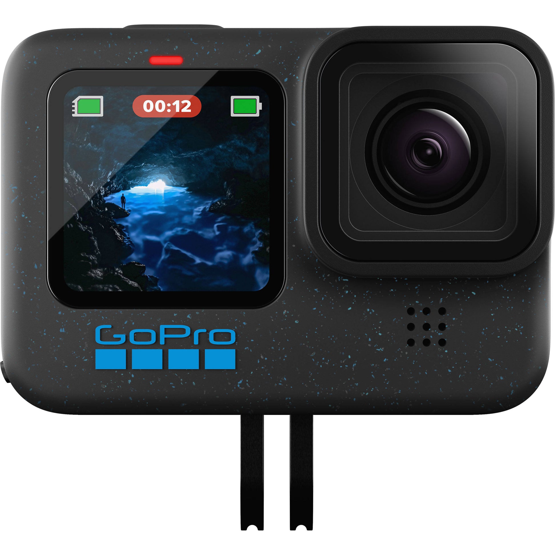 GoPro HERO12 Black Specialty Bundle including the HERO12 camera with 5.3K video, 27MP photos, HyperSmooth 6.0 stabilization, Enduro battery, 64GB microSD card, carrying case, mounting loop, and curved adhesive mount for versatile adventure shooting.