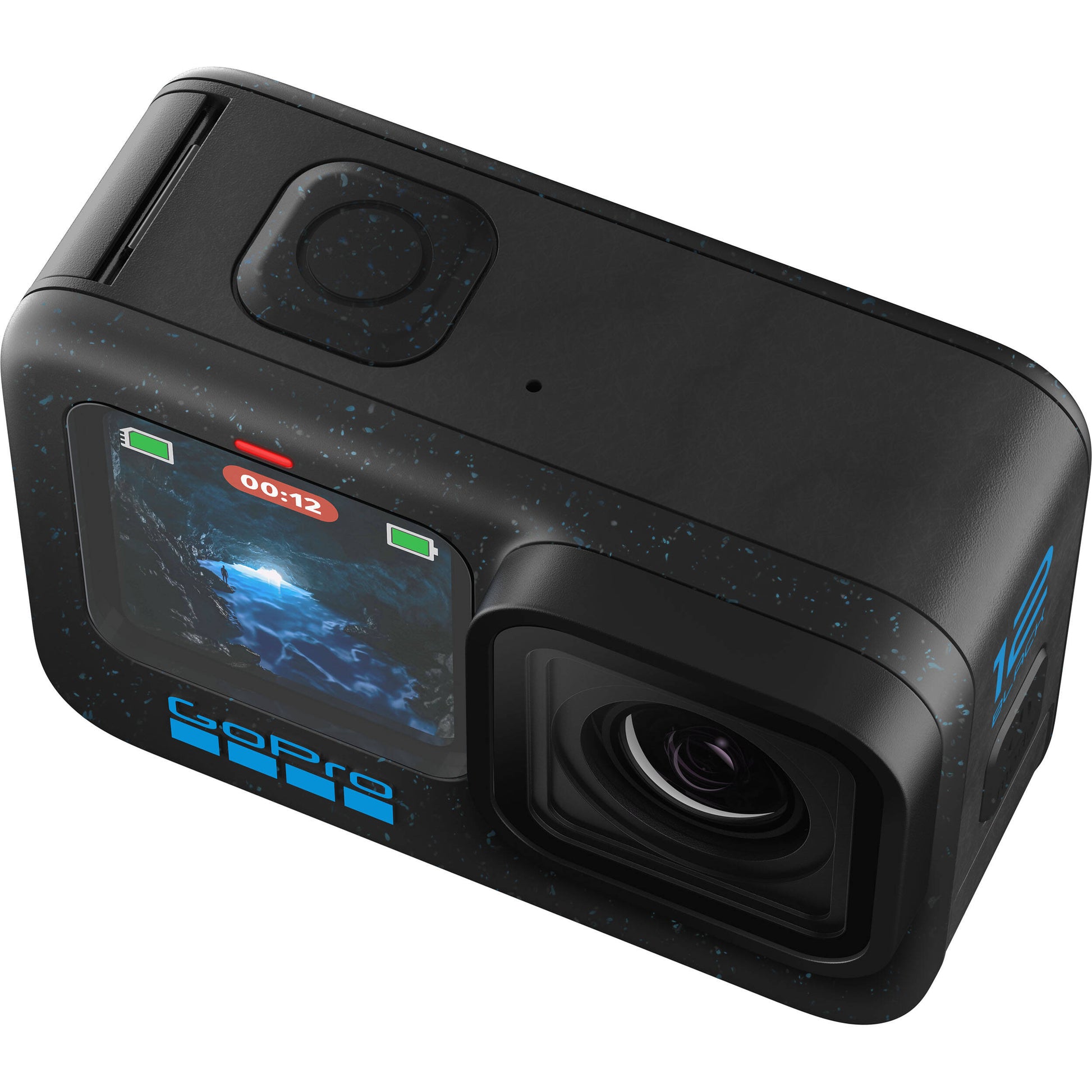 GoPro HERO12 Black Specialty Bundle including the HERO12 camera with 5.3K video, 27MP photos, HyperSmooth 6.0 stabilization, Enduro battery, 64GB microSD card, carrying case, mounting loop, and curved adhesive mount for versatile adventure shooting.