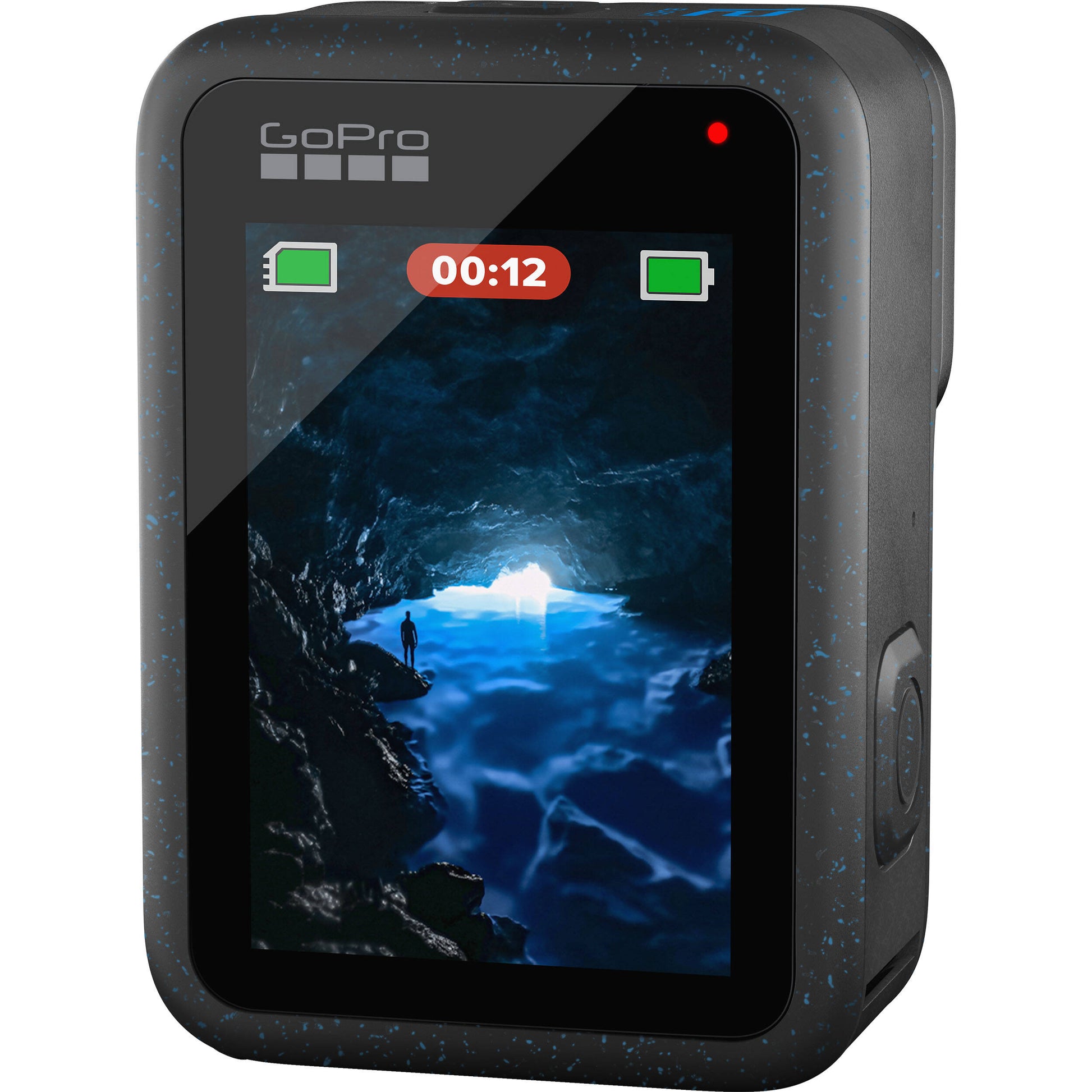 GoPro HERO12 Black Specialty Bundle including the HERO12 camera with 5.3K video, 27MP photos, HyperSmooth 6.0 stabilization, Enduro battery, 64GB microSD card, carrying case, mounting loop, and curved adhesive mount for versatile adventure shooting.