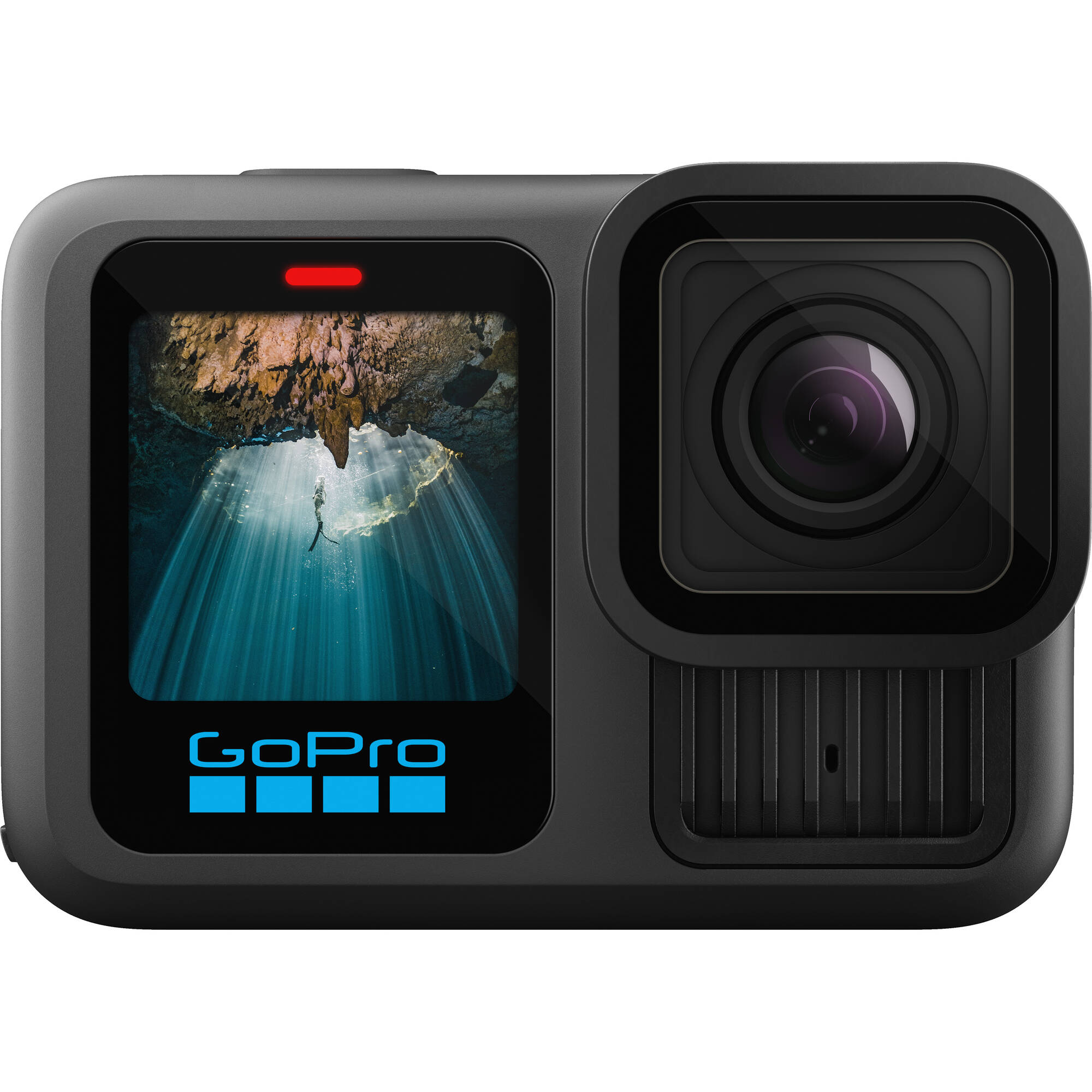 GoPro HERO13 Black action camera in matte black, showing its dual-lens front, small front-status display, rugged body with ventilation grille, and built-in mounting fingers.