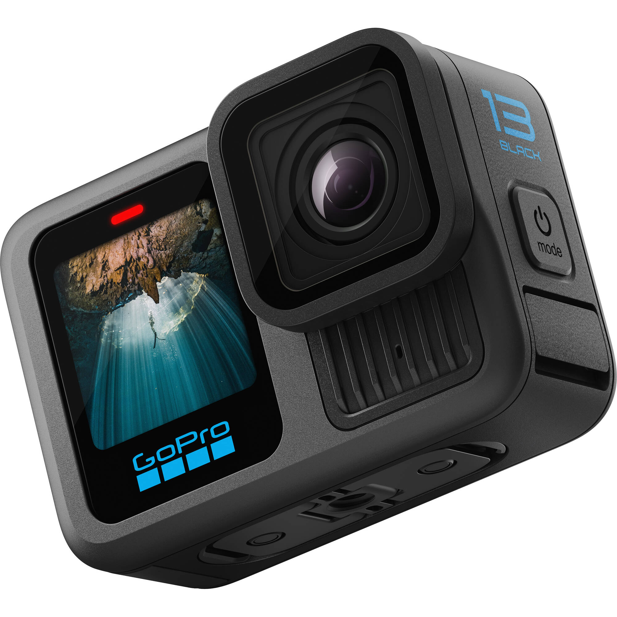 GoPro HERO13 Black action camera in matte black, showing its dual-lens front, small front-status display, rugged body with ventilation grille, and built-in mounting fingers.