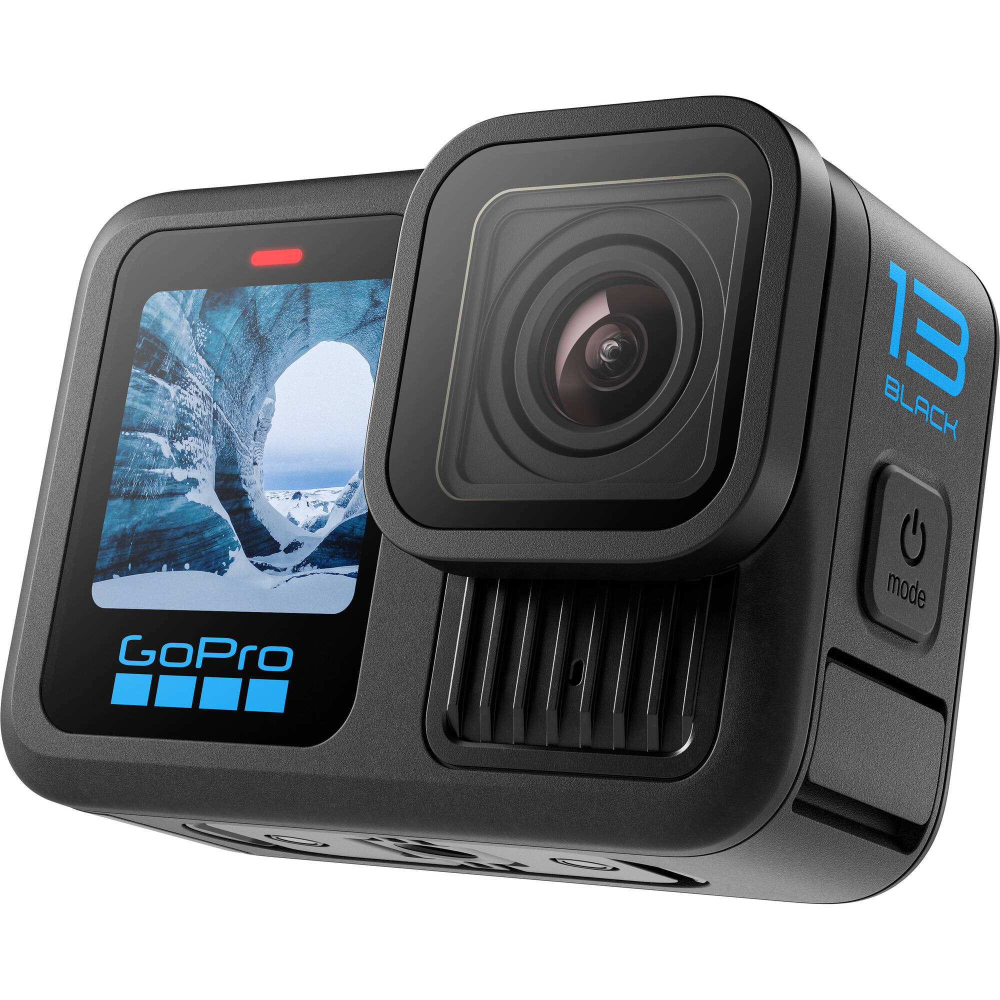 GoPro HERO13 Black action camera in matte black, showing its dual-lens front, small front-status display, rugged body with ventilation grille, and built-in mounting fingers.