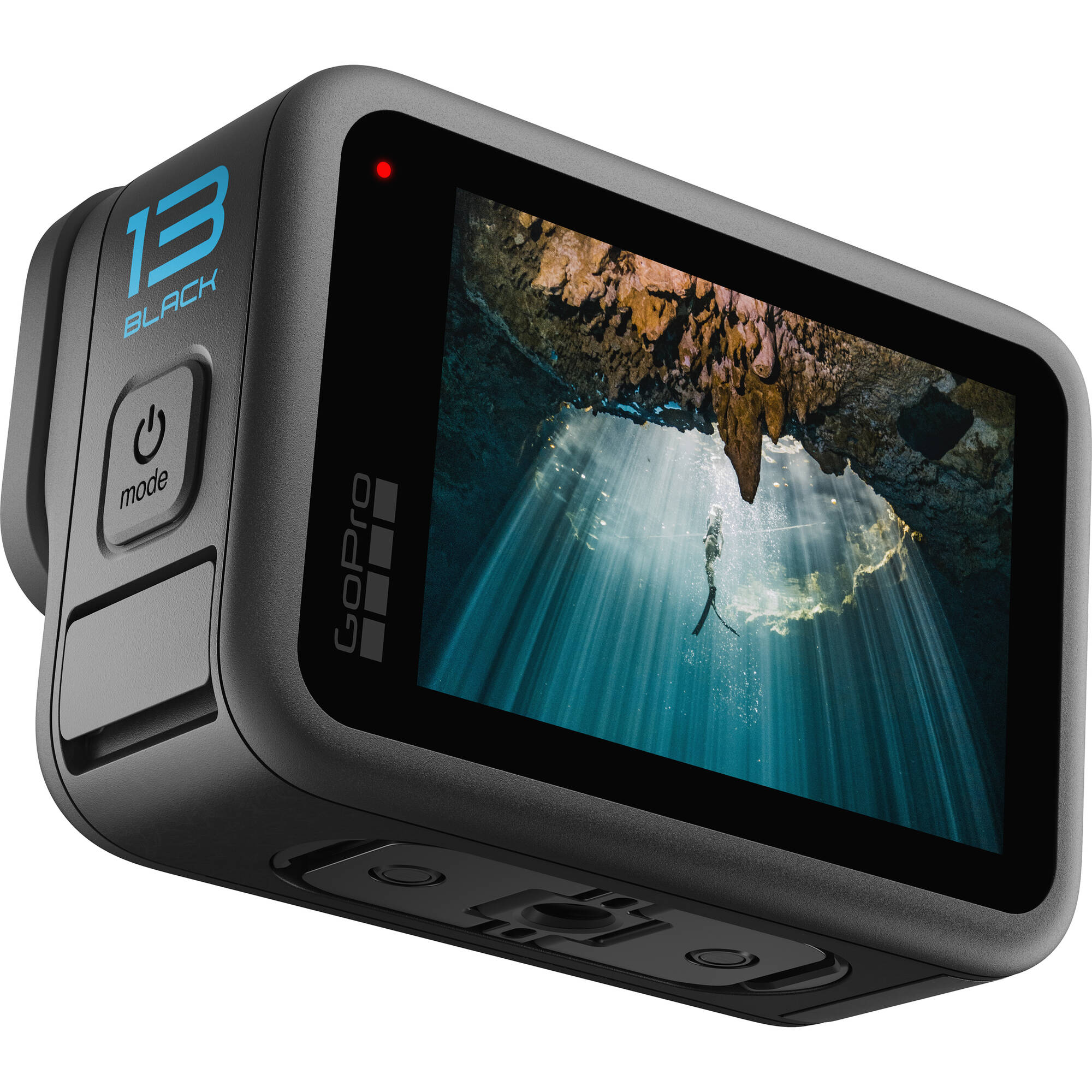 GoPro HERO13 Black action camera in matte black, showing its dual-lens front, small front-status display, rugged body with ventilation grille, and built-in mounting fingers.