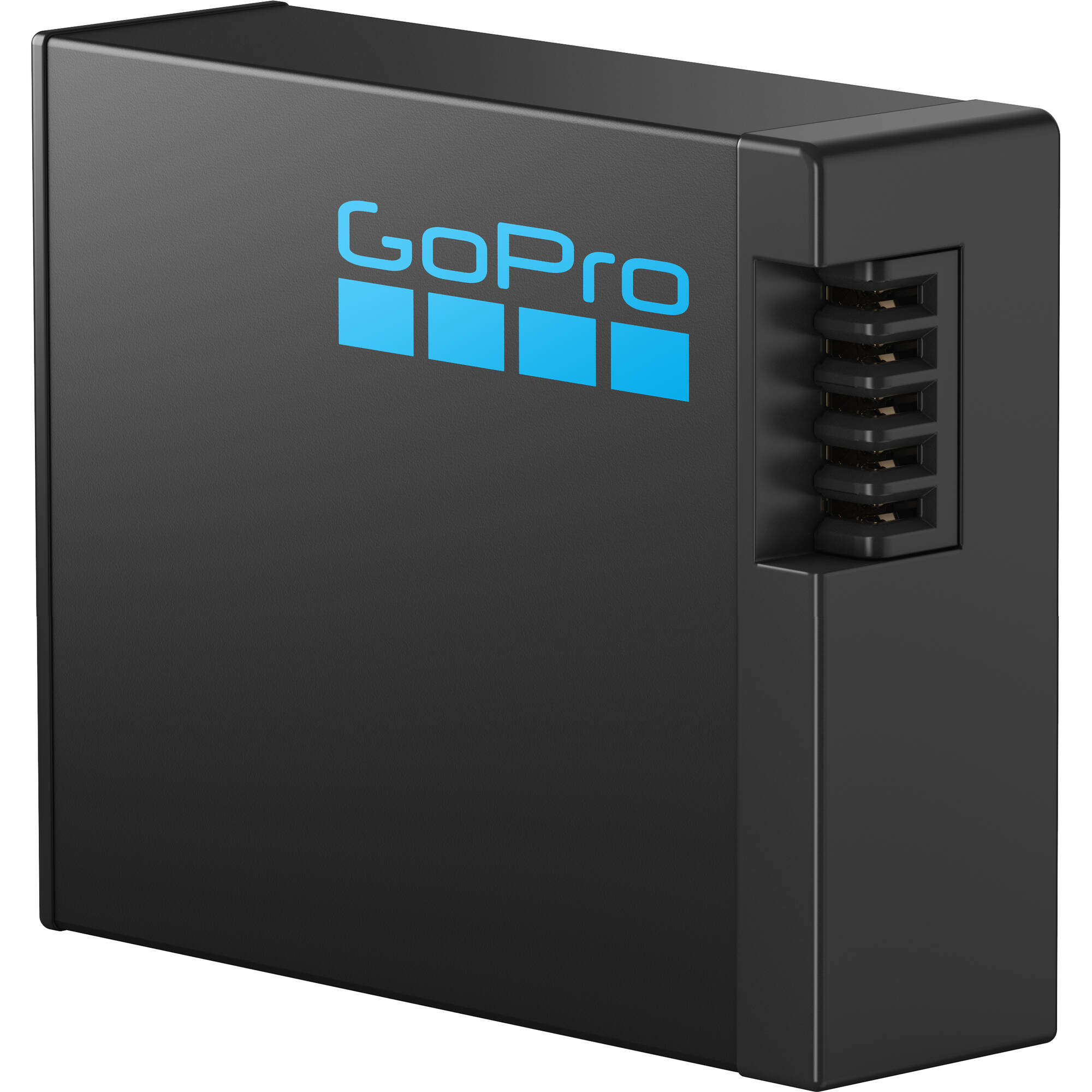 GoPro HERO13 Black action camera in matte black, showing its dual-lens front, small front-status display, rugged body with ventilation grille, and built-in mounting fingers.