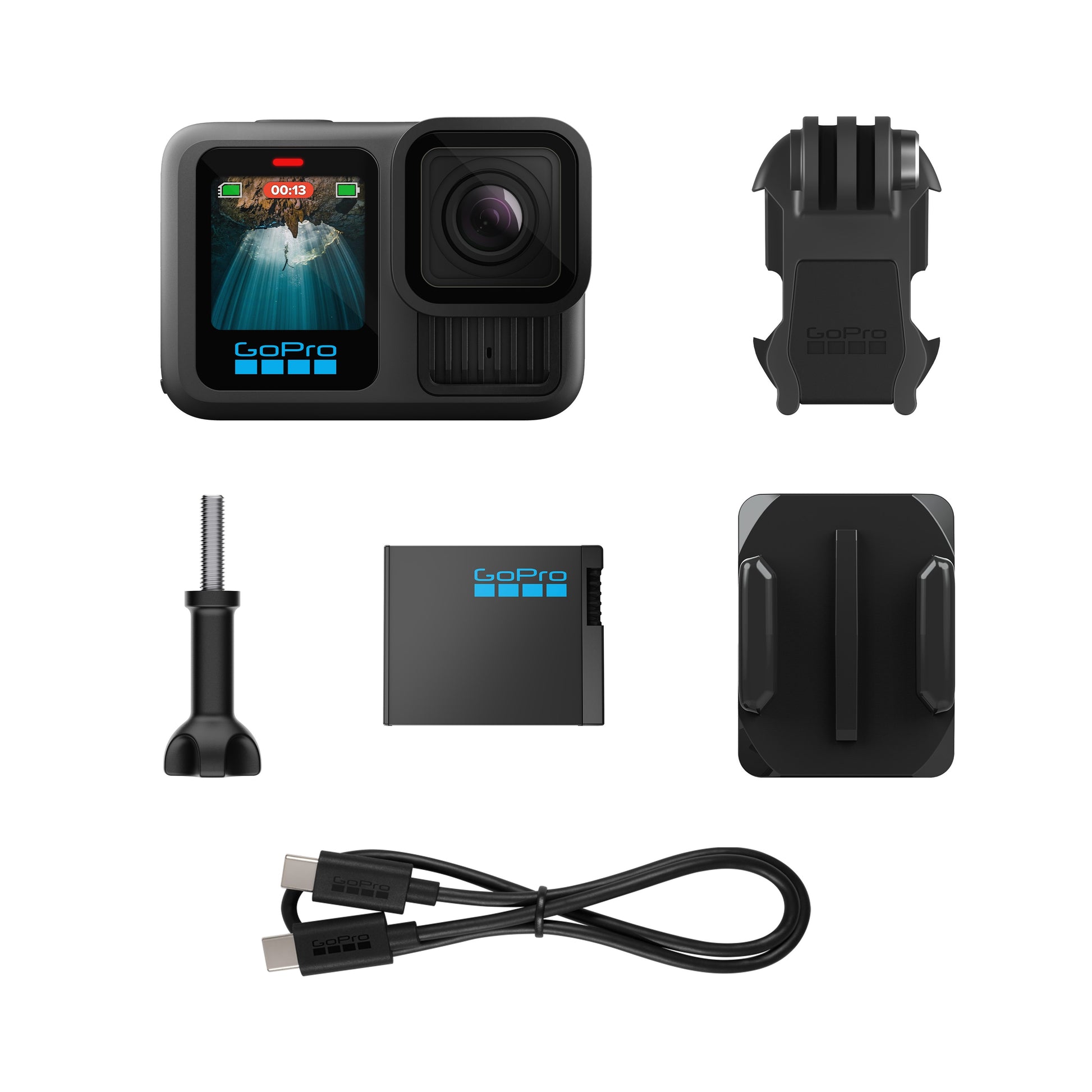 GoPro HERO13 Black action camera in matte black, showing its dual-lens front, small front-status display, rugged body with ventilation grille, and built-in mounting fingers.