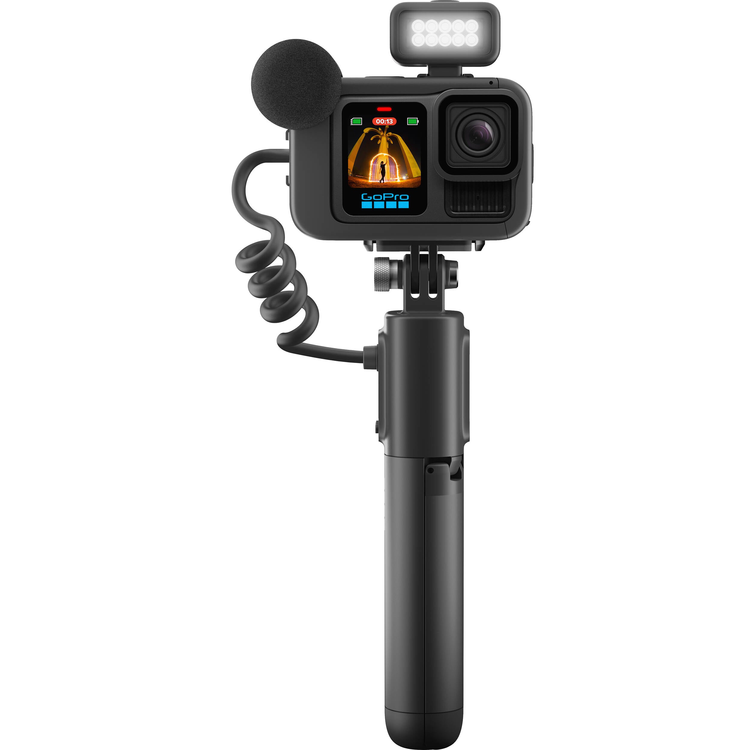 GoPro HERO13 Black Creator Edition bundled kit in black, showing the HERO13 Black camera attached to the Volta battery grip with tripod legs deployed, along with accessories including Media Mod, Light Mod, magnetic latch mount, and carrying case.
