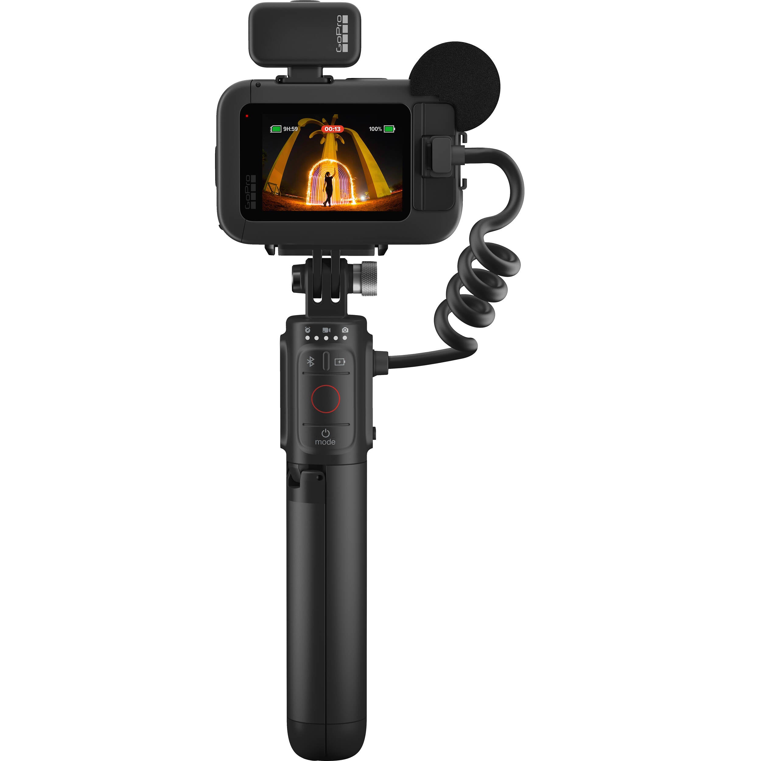 GoPro HERO13 Black Creator Edition bundled kit in black, showing the HERO13 Black camera attached to the Volta battery grip with tripod legs deployed, along with accessories including Media Mod, Light Mod, magnetic latch mount, and carrying case.