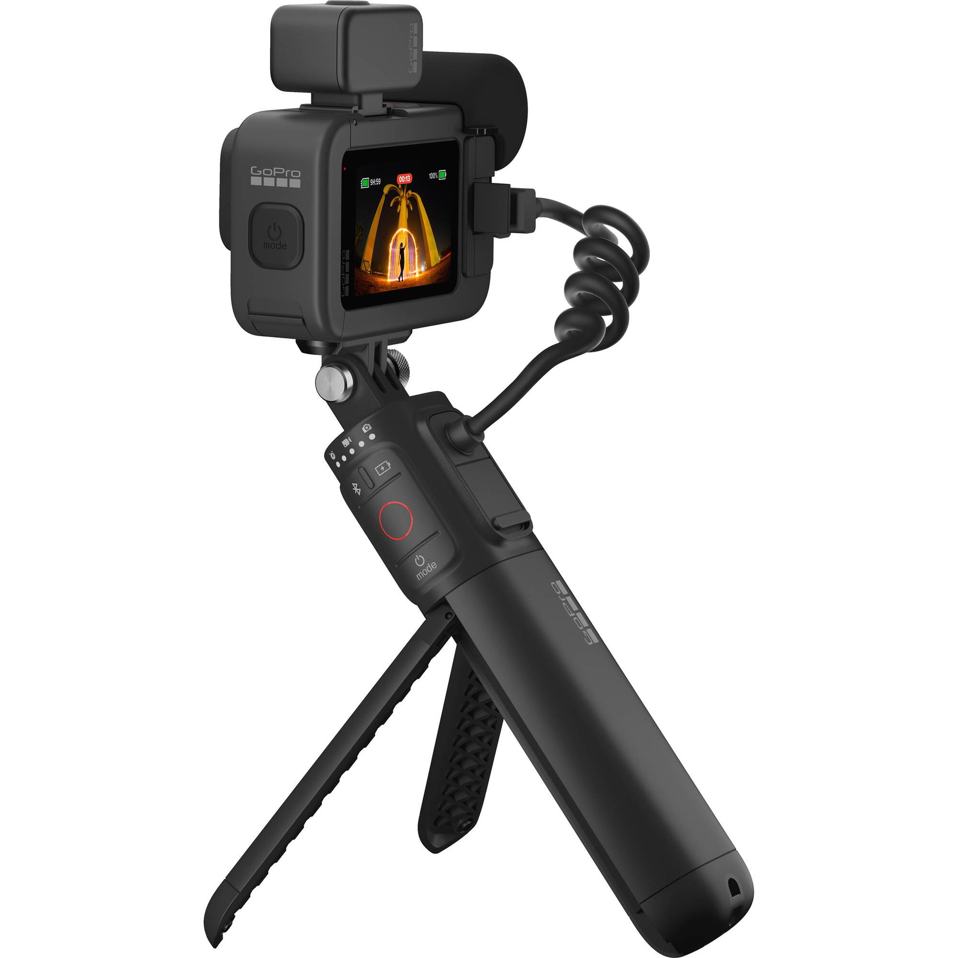 GoPro HERO13 Black Creator Edition bundled kit in black, showing the HERO13 Black camera attached to the Volta battery grip with tripod legs deployed, along with accessories including Media Mod, Light Mod, magnetic latch mount, and carrying case.