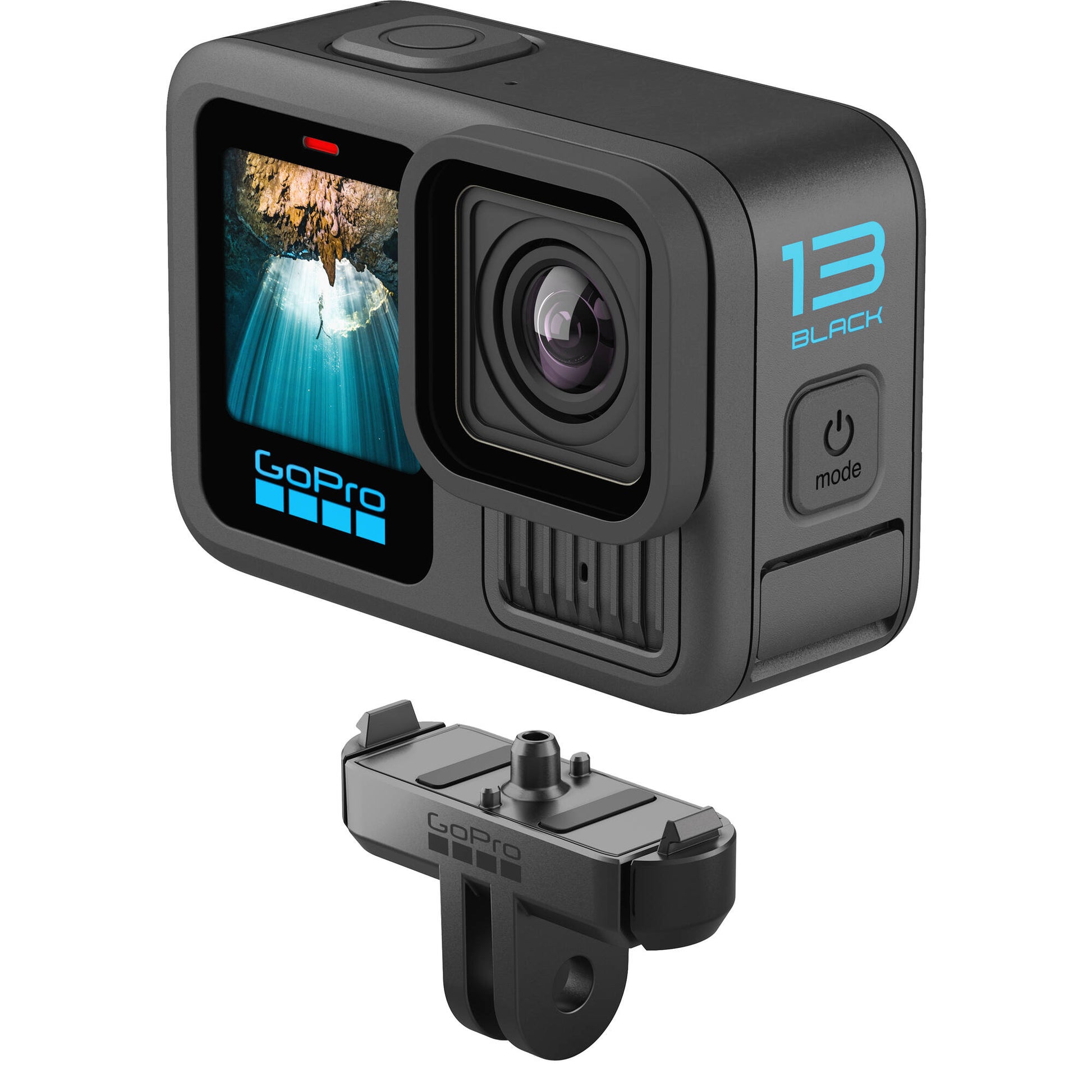 GoPro HERO13 Black Creator Edition bundled kit in black, showing the HERO13 Black camera attached to the Volta battery grip with tripod legs deployed, along with accessories including Media Mod, Light Mod, magnetic latch mount, and carrying case.