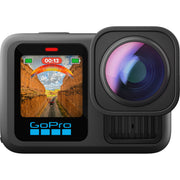 GoPro HERO13 Black Ultra‑Wide Edition action camera in matte black with ultra‑wide lens, dual-lens front, front status display, rugged body, and built-in mounting fingers.