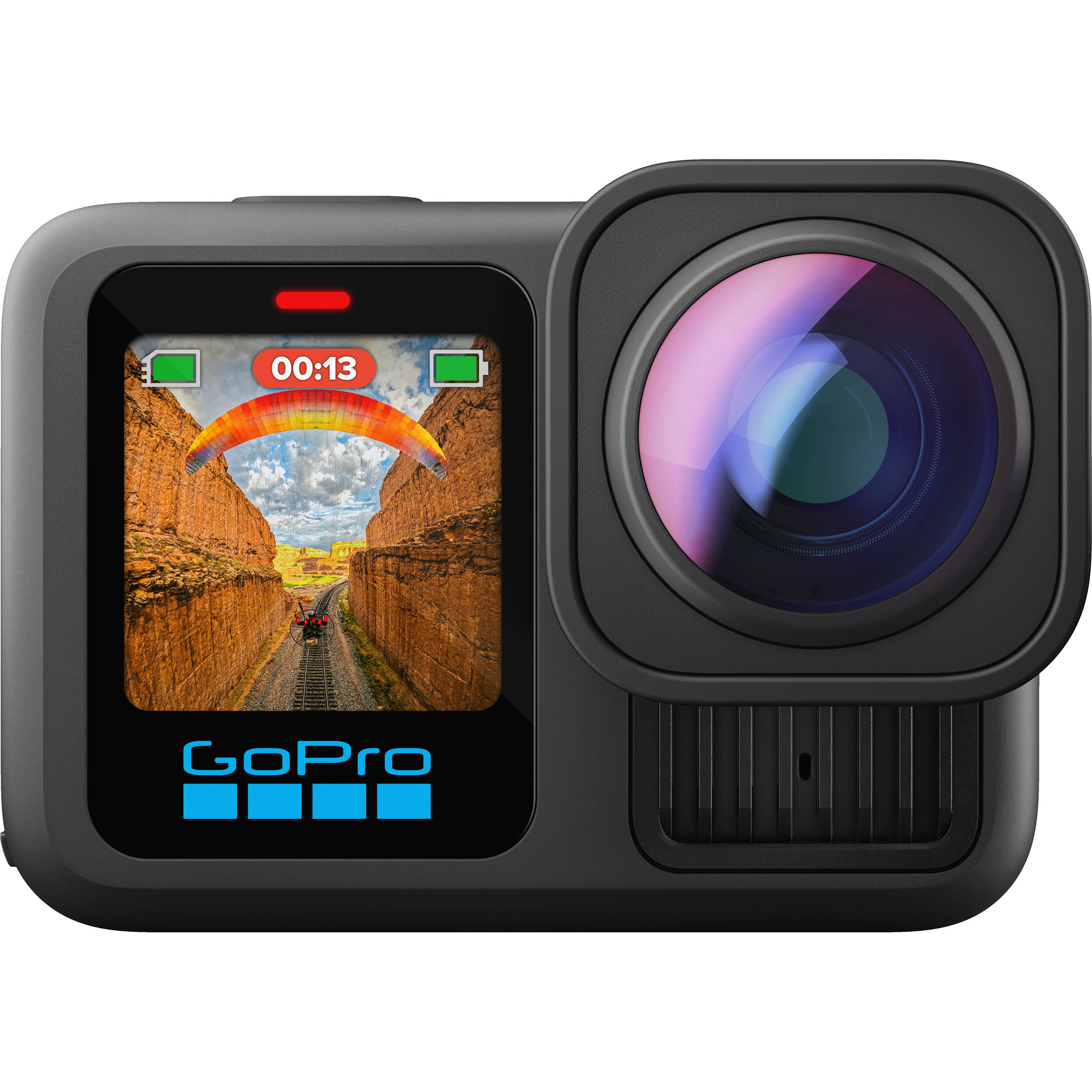 GoPro HERO13 Black Ultra‑Wide Edition action camera in matte black with ultra‑wide lens, dual-lens front, front status display, rugged body, and built-in mounting fingers.