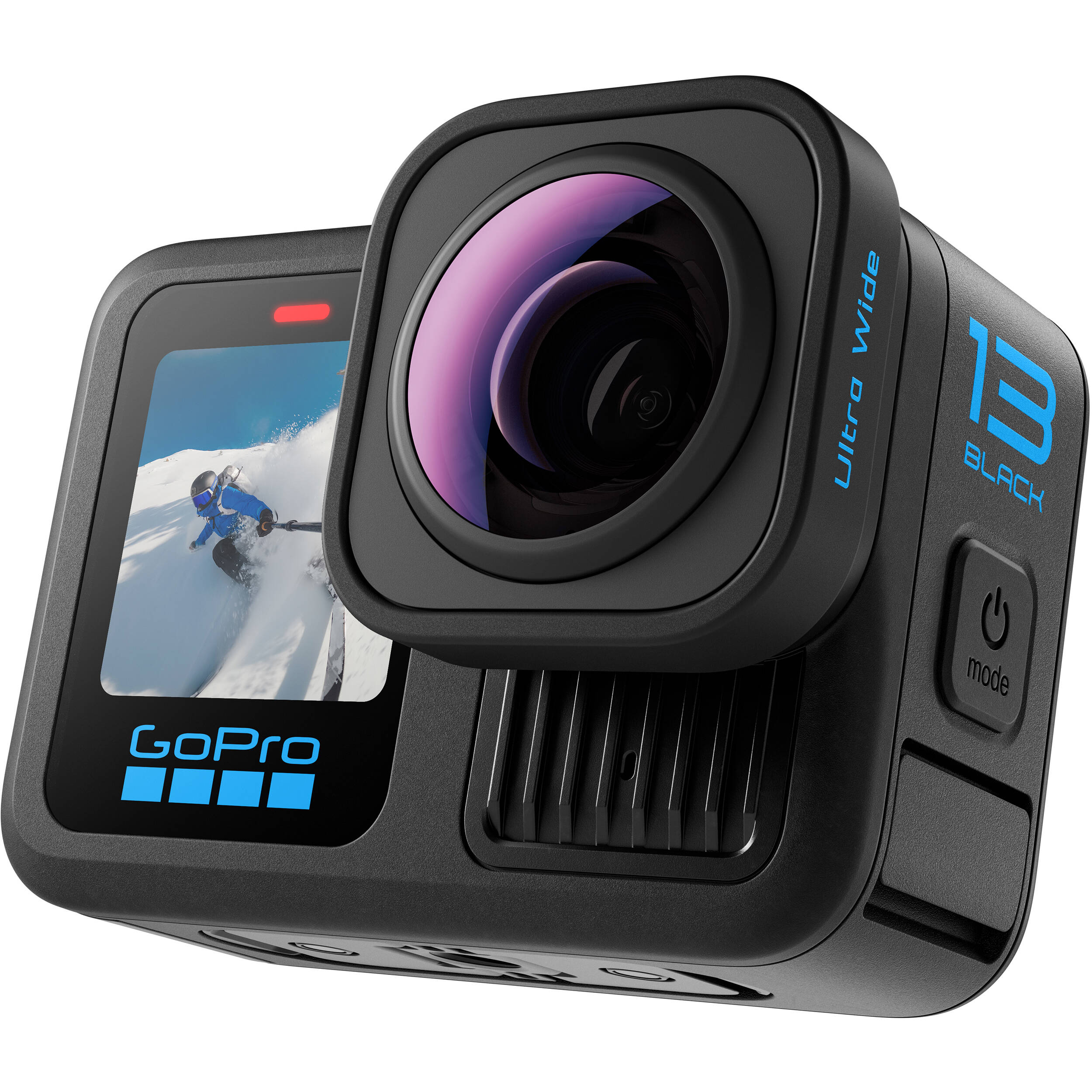 GoPro HERO13 Black Ultra‑Wide Edition action camera in matte black with ultra‑wide lens, dual-lens front, front status display, rugged body, and built-in mounting fingers.