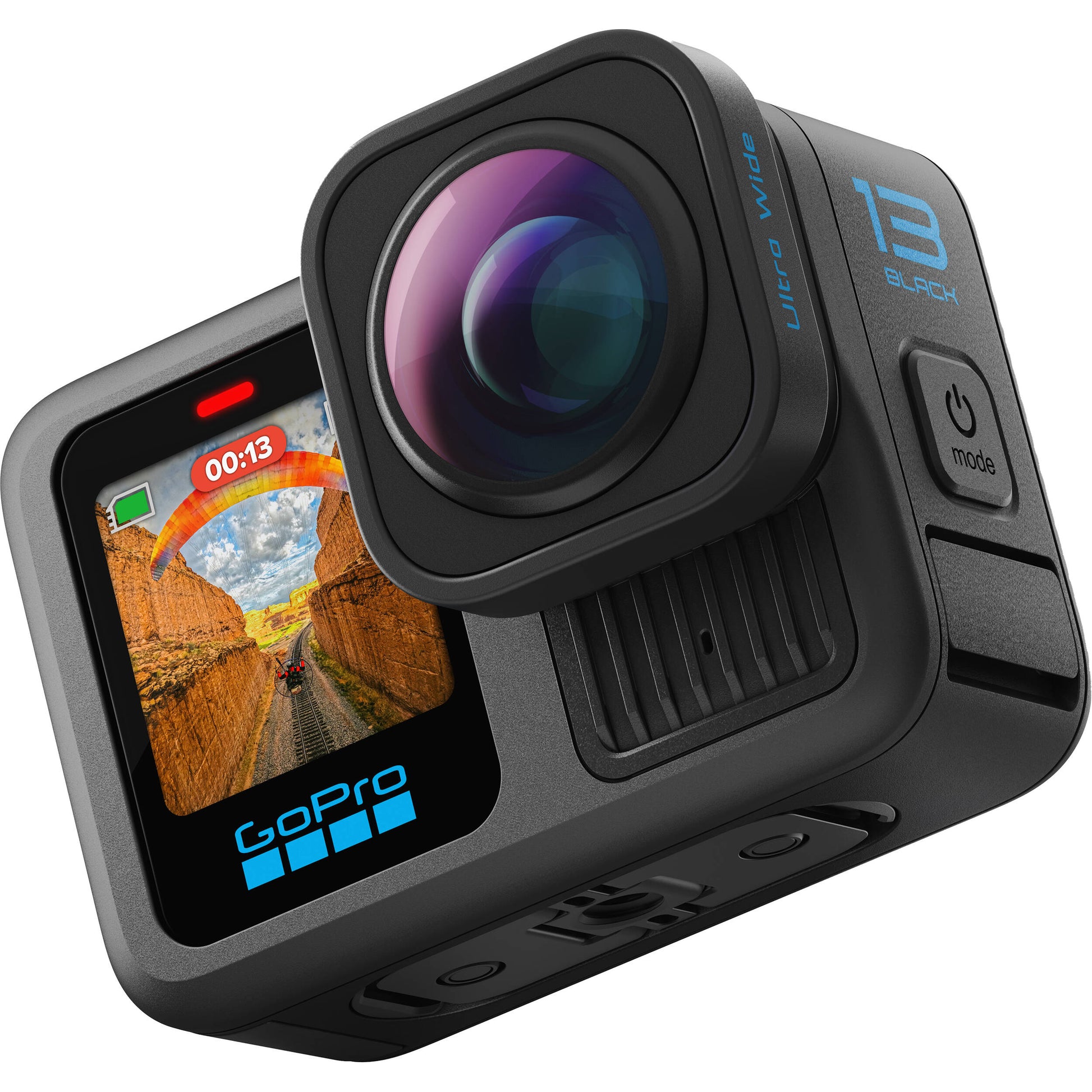 GoPro HERO13 Black Ultra‑Wide Edition action camera in matte black with ultra‑wide lens, dual-lens front, front status display, rugged body, and built-in mounting fingers.