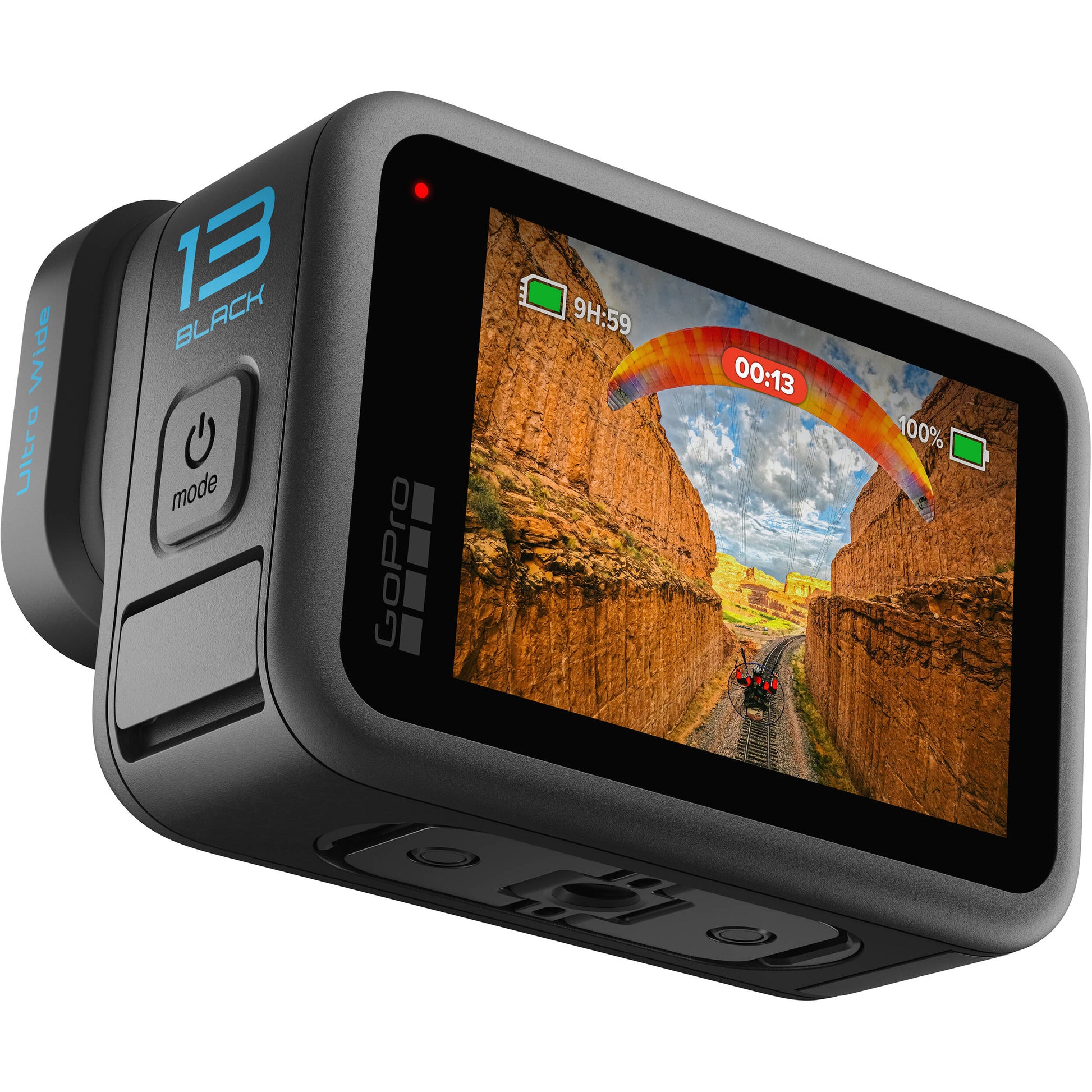 GoPro HERO13 Black Ultra‑Wide Edition action camera in matte black with ultra‑wide lens, dual-lens front, front status display, rugged body, and built-in mounting fingers.