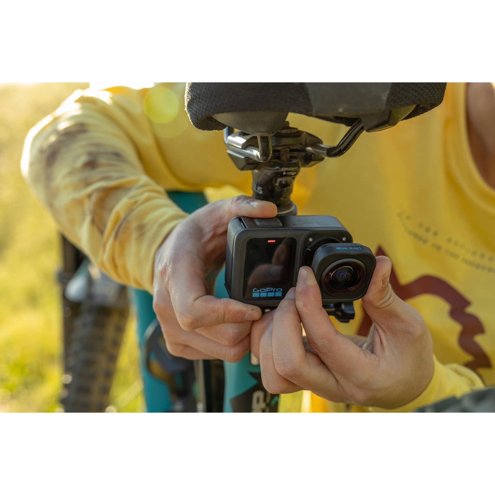 GoPro HERO13 Black Ultra‑Wide Edition action camera in matte black with ultra‑wide lens, dual-lens front, front status display, rugged body, and built-in mounting fingers.