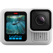 GoPro HERO13 Black Limited‑Edition Polar White compact action camera in matte white finish, showing front lens module, small color front‑status display, rear touchscreen, and fold‑out mounting fingers.