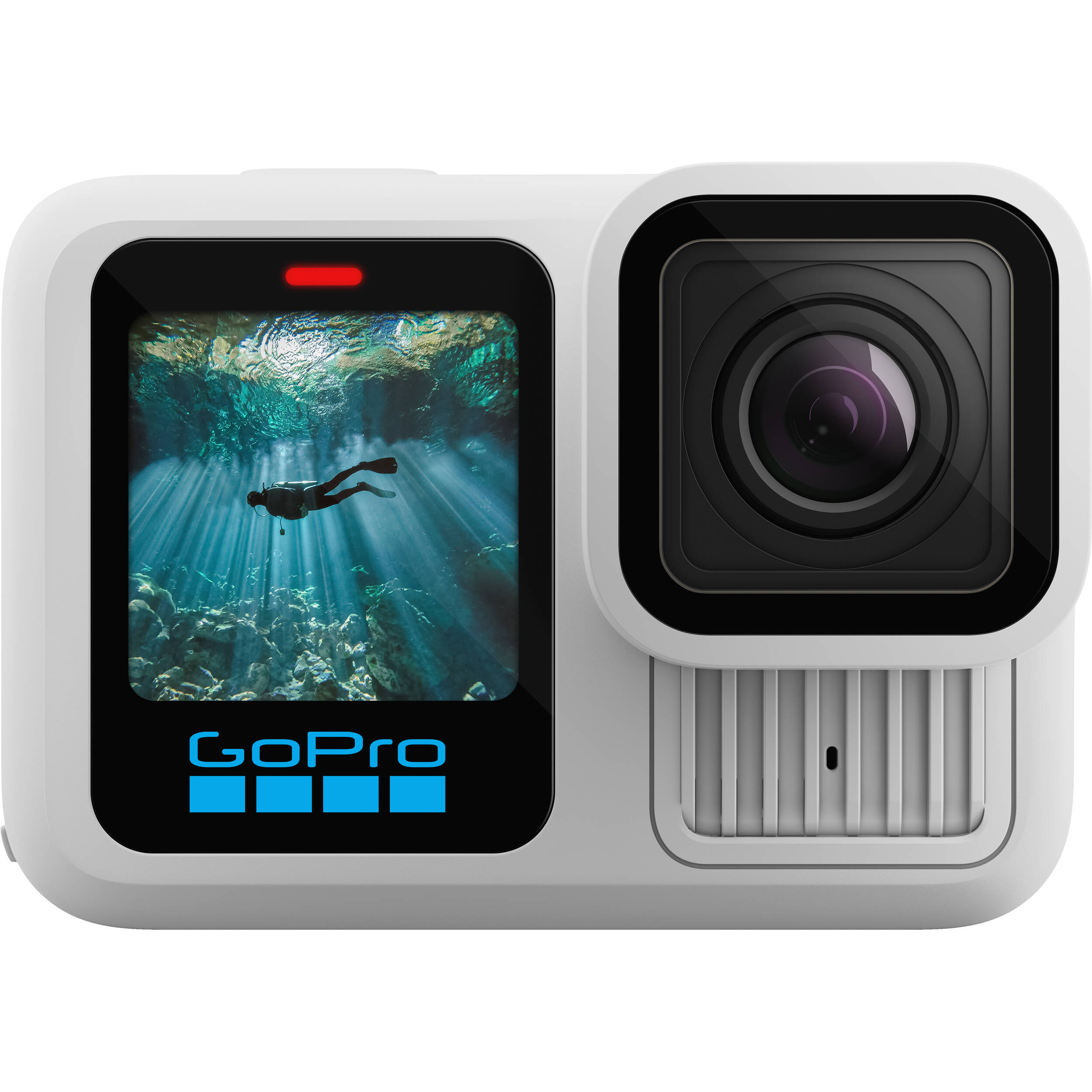 GoPro HERO13 Black Limited‑Edition Polar White compact action camera in matte white finish, showing front lens module, small color front‑status display, rear touchscreen, and fold‑out mounting fingers.