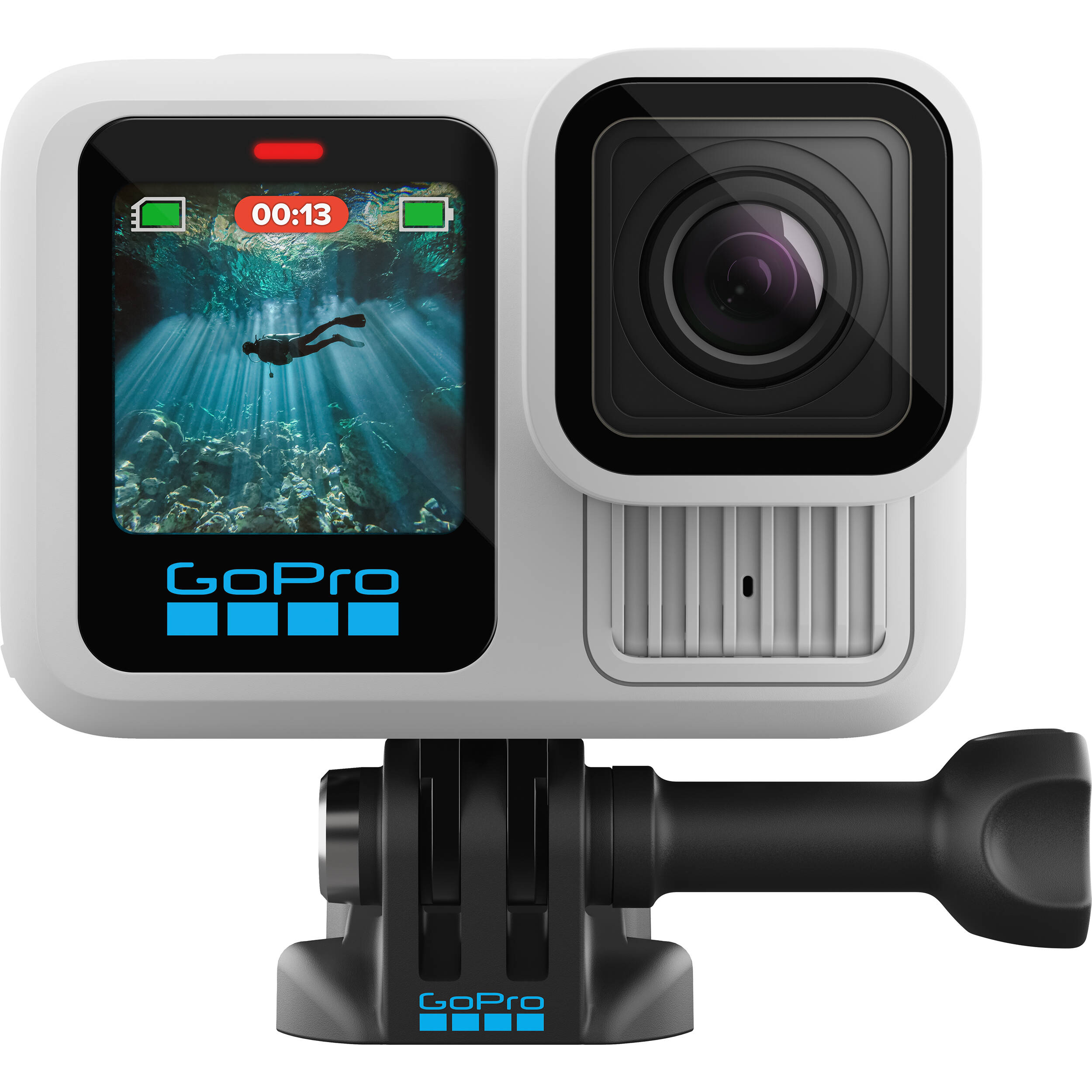 GoPro HERO13 Black Limited‑Edition Polar White compact action camera in matte white finish, showing front lens module, small color front‑status display, rear touchscreen, and fold‑out mounting fingers.