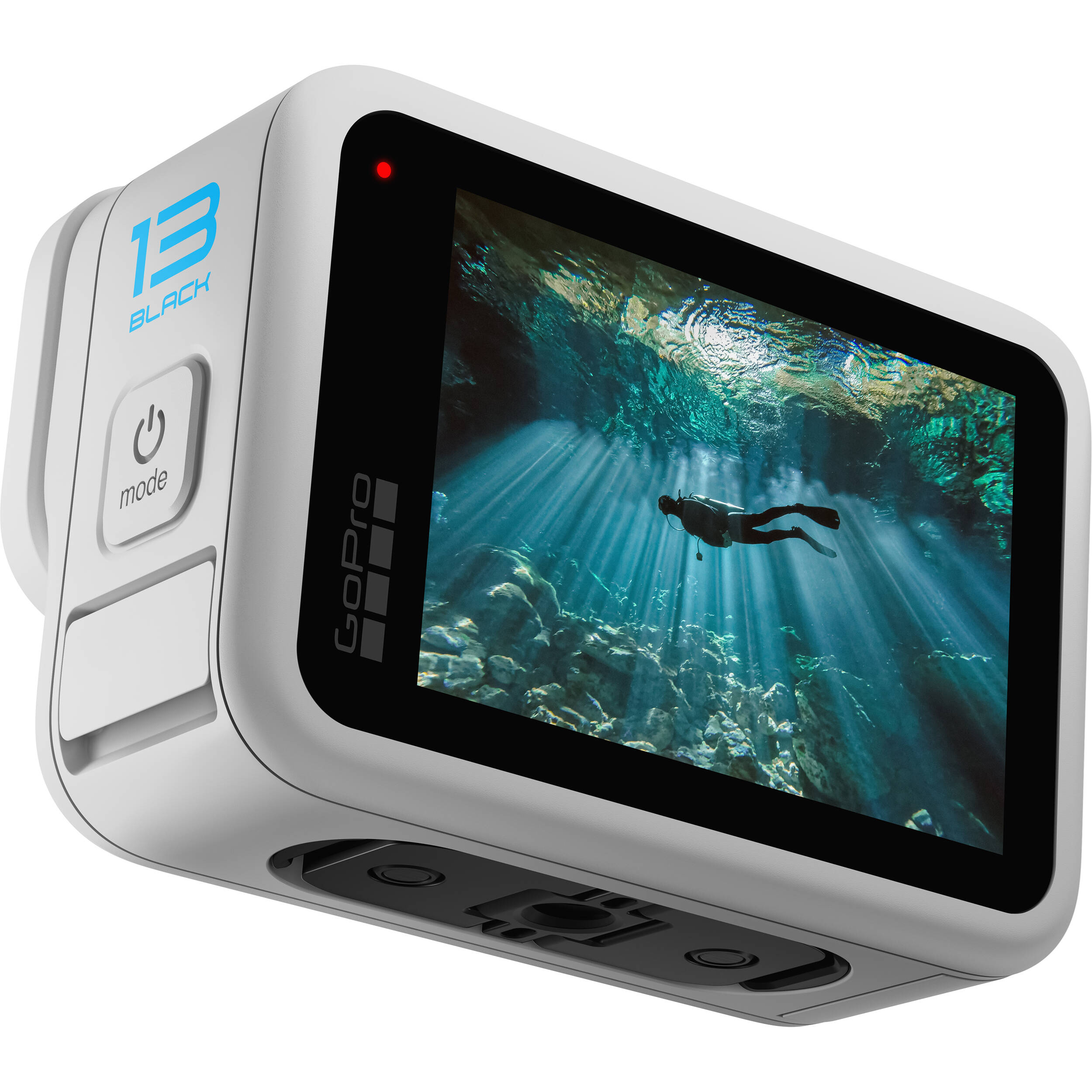 GoPro HERO13 Black Limited‑Edition Polar White compact action camera in matte white finish, showing front lens module, small color front‑status display, rear touchscreen, and fold‑out mounting fingers.