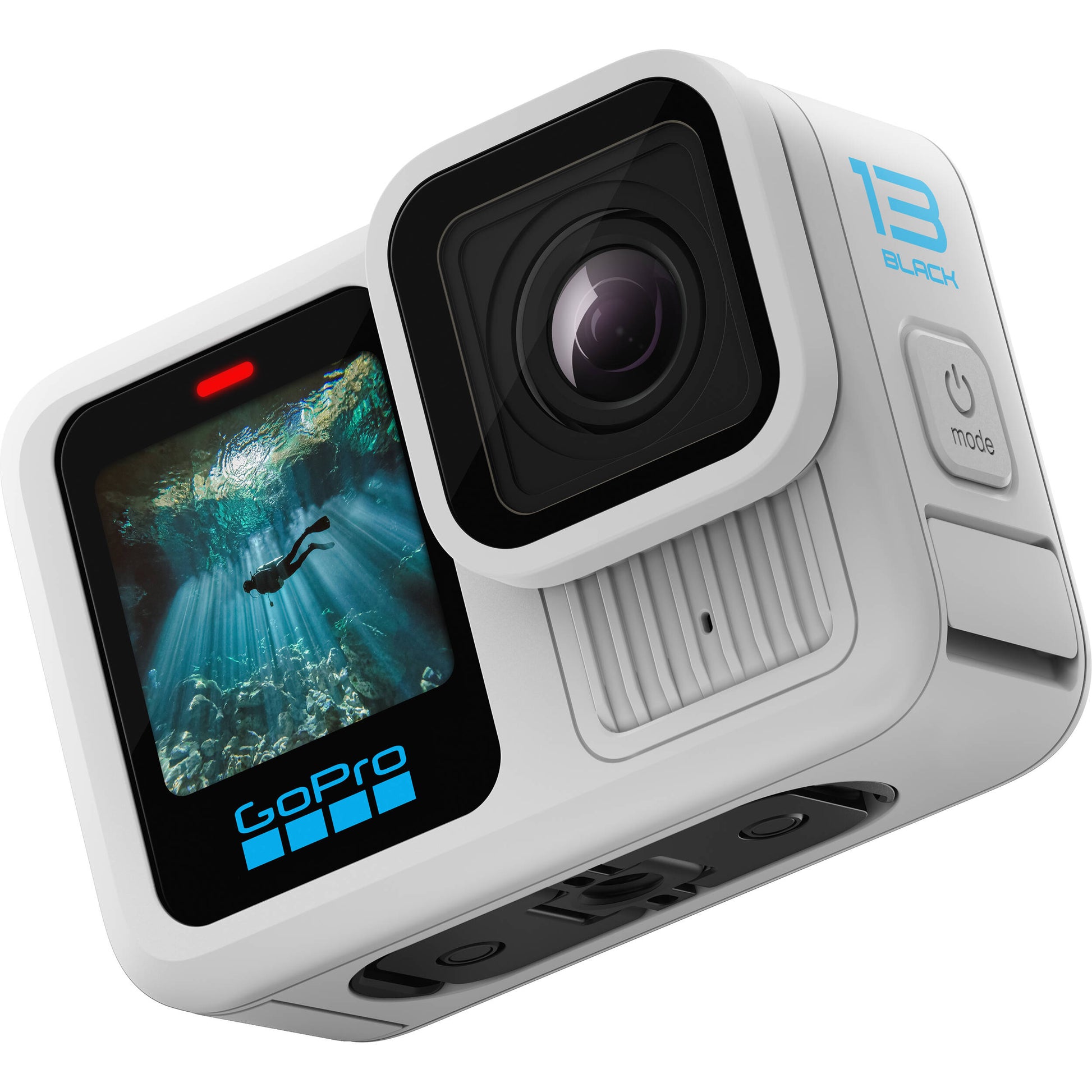 GoPro HERO13 Black Limited‑Edition Polar White compact action camera in matte white finish, showing front lens module, small color front‑status display, rear touchscreen, and fold‑out mounting fingers.