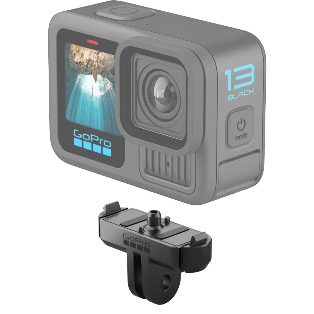 GoPro Magnetic Latch Mount for HERO13 Black with dual magnetic latches for quick and secure camera swaps without thumb screws, durable metal build, reversible design, compatible with all GoPro mounts, and includes a thumb screw.
