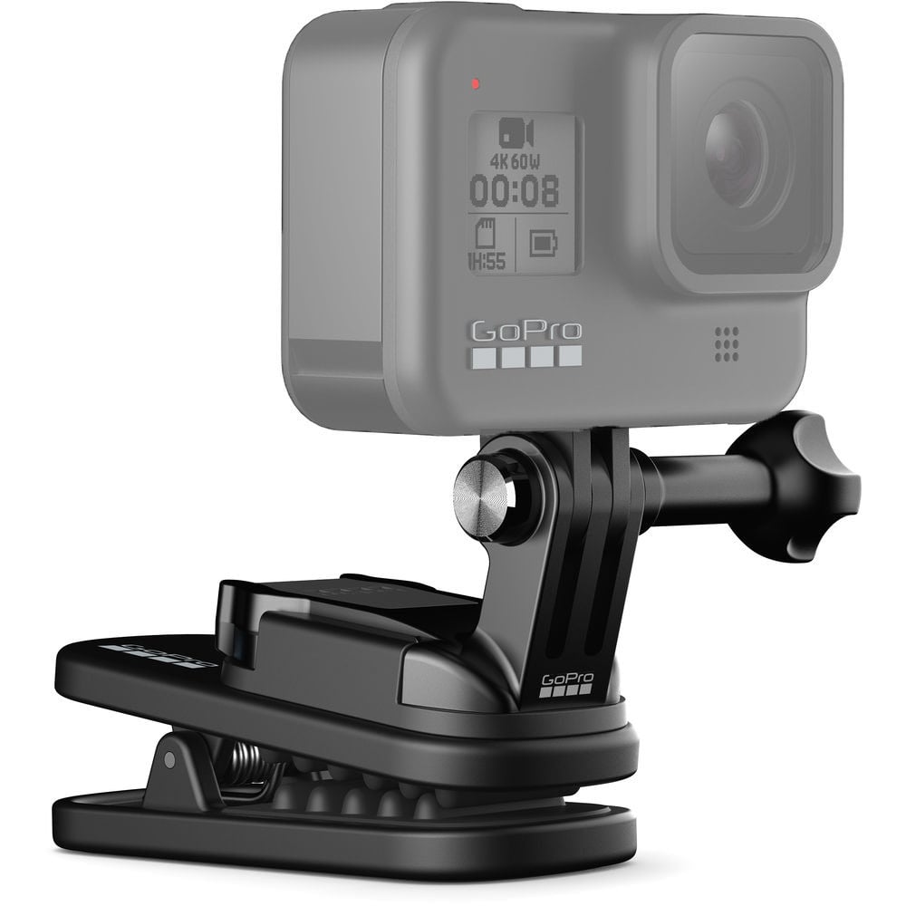 GoPro camera with a mount on a white background