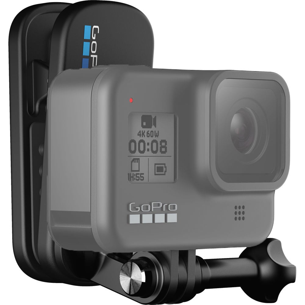 GoPro camera with attached mount on a white background