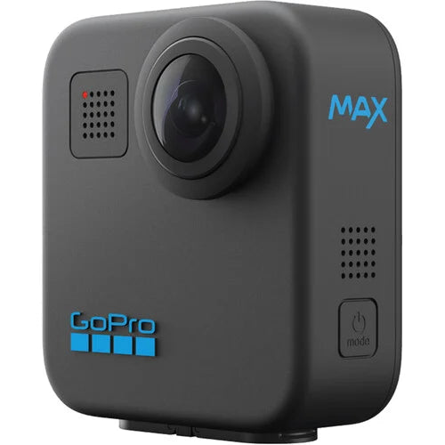 GoPro MAX 360 Action Camera 2025 with dual lenses capturing 5.7K 360° video, 18MP 360 photos, 6 built-in mics for immersive audio, Max HyperSmooth stabilization, AI-powered object tracking, 4 digital lenses including Max SuperView, rugged waterproof body, Enduro battery, and ¼-20 tripod compatibility.