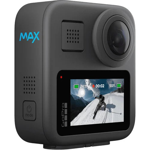 GoPro MAX 360 Action Camera 2025 with dual lenses capturing 5.7K 360° video, 18MP 360 photos, 6 built-in mics for immersive audio, Max HyperSmooth stabilization, AI-powered object tracking, 4 digital lenses including Max SuperView, rugged waterproof body, Enduro battery, and ¼-20 tripod compatibility.