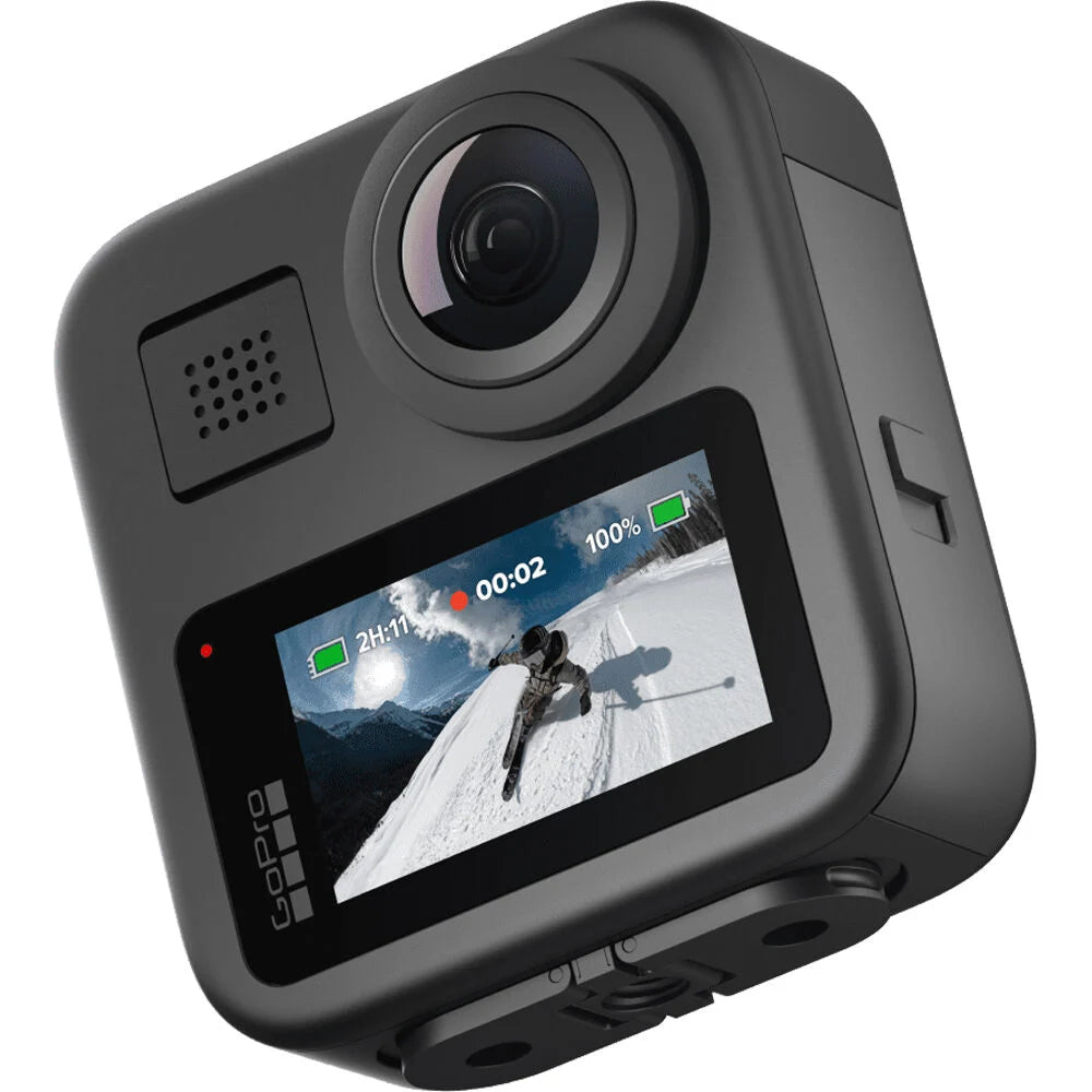 GoPro MAX 360 Action Camera 2025 with dual lenses capturing 5.7K 360° video, 18MP 360 photos, 6 built-in mics for immersive audio, Max HyperSmooth stabilization, AI-powered object tracking, 4 digital lenses including Max SuperView, rugged waterproof body, Enduro battery, and ¼-20 tripod compatibility.