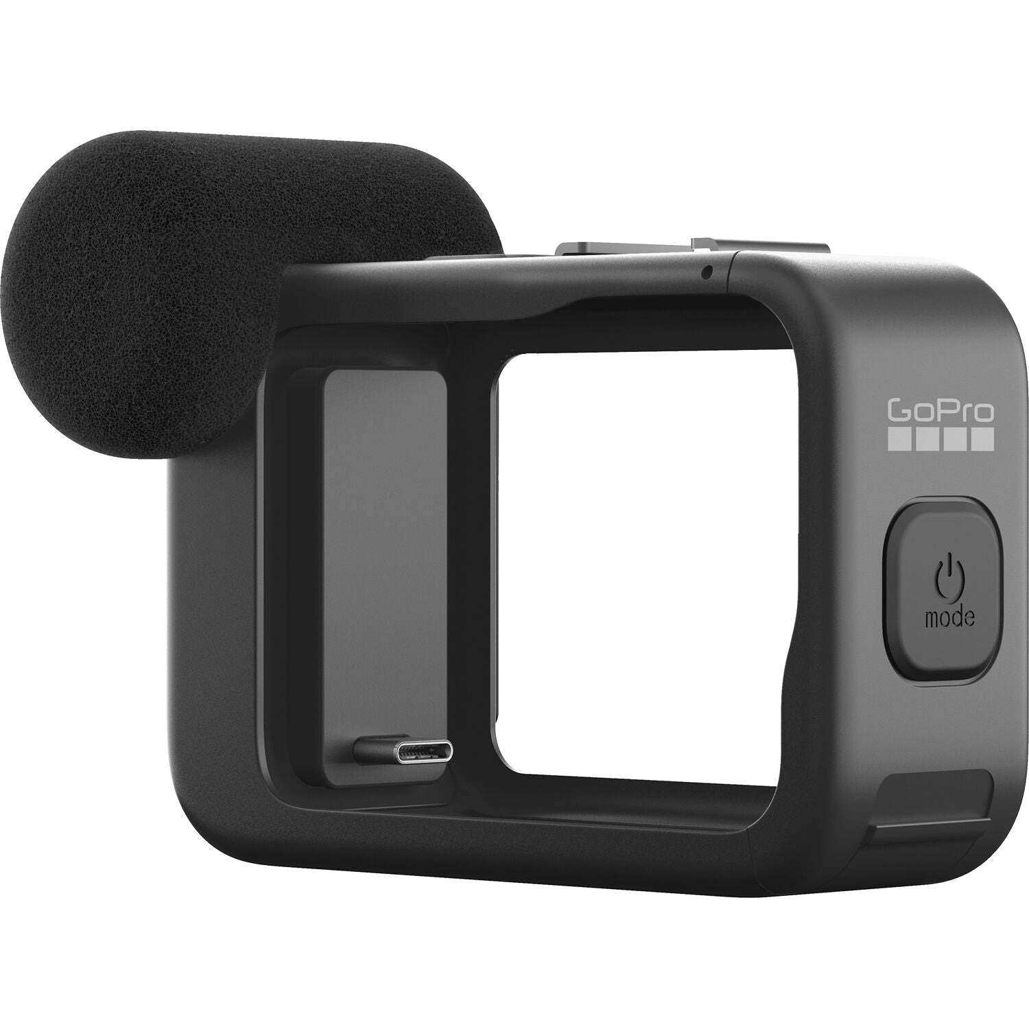 GoPro camera with microphone attachment on a white background