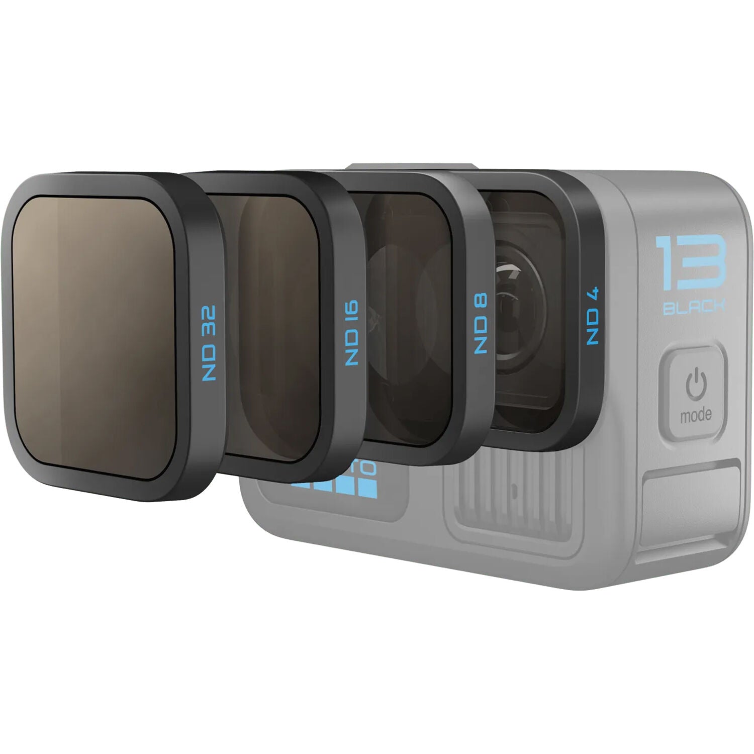 Camera with lens filters on a white background