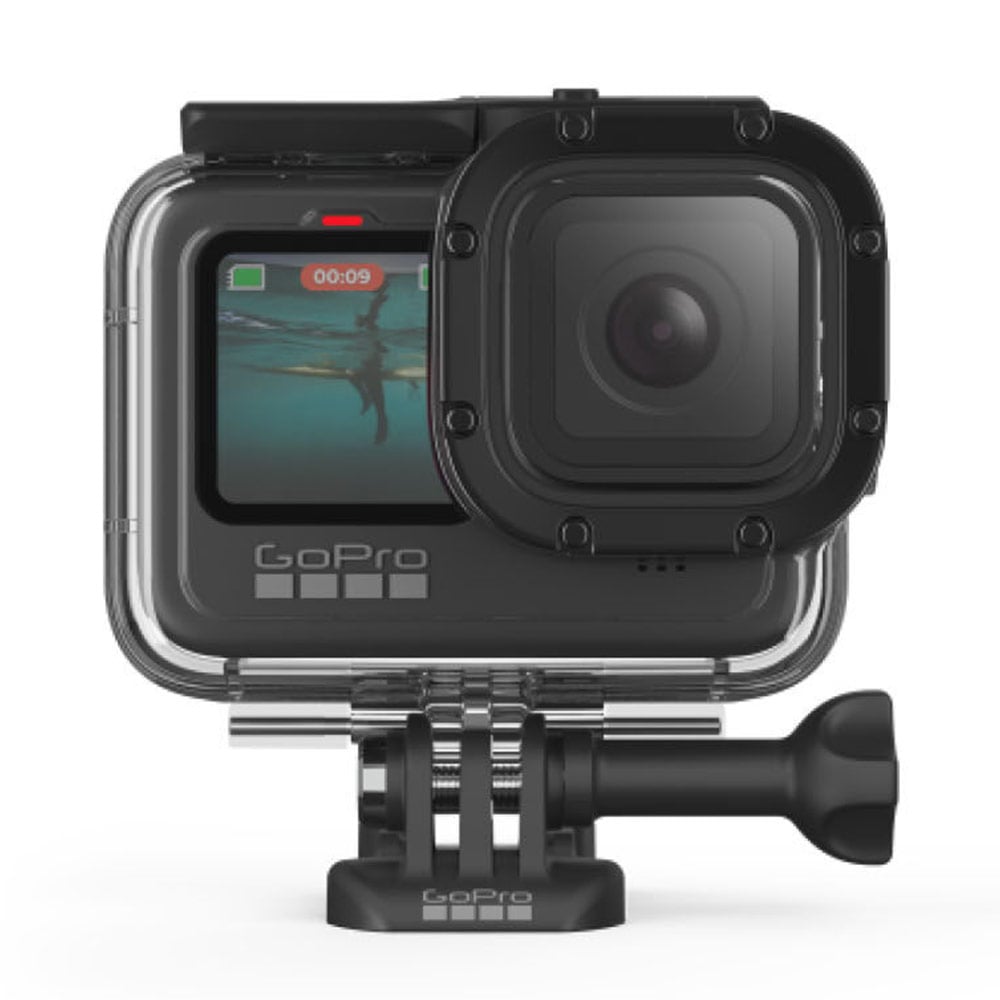 GoPro action camera with screen and lens on a white background