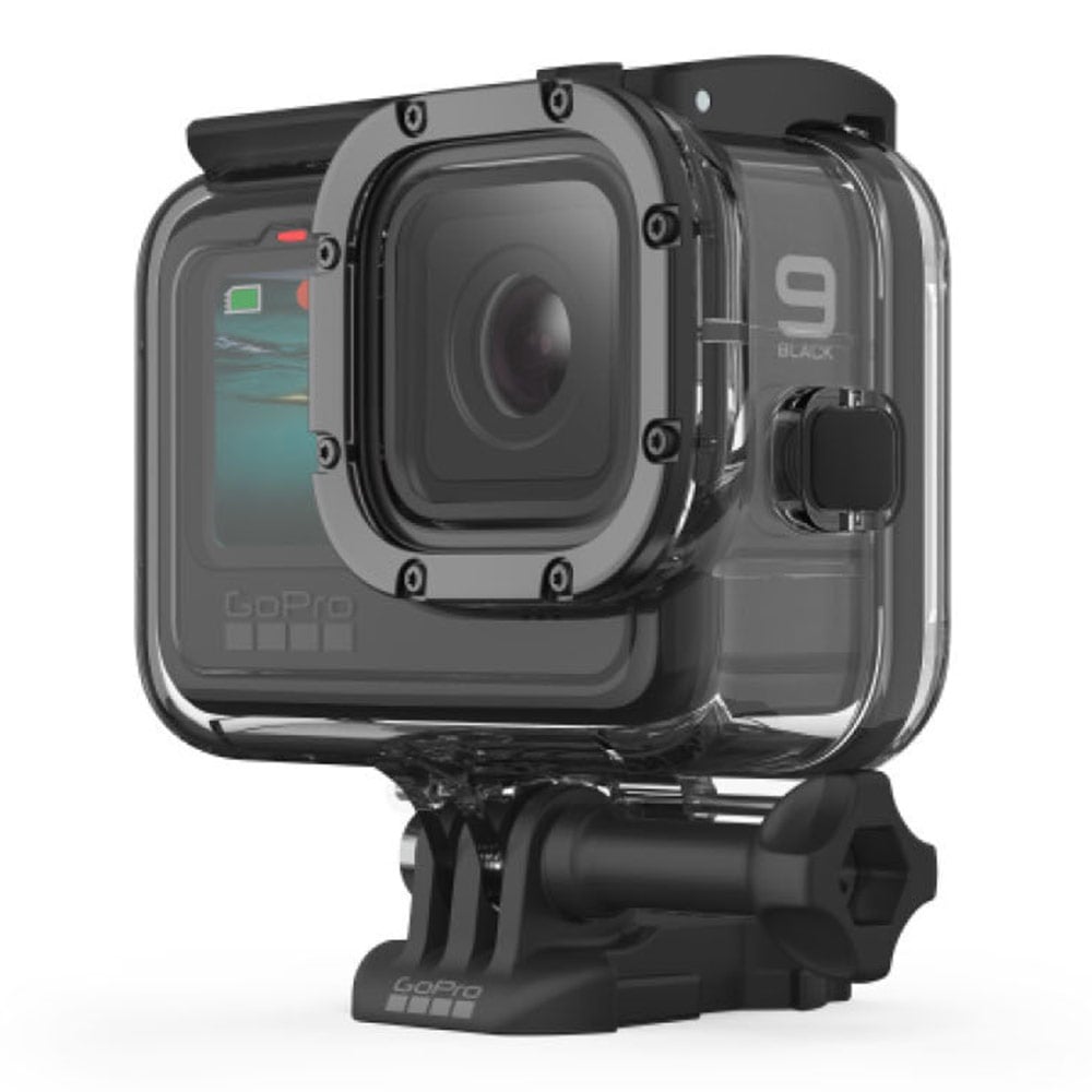 GoPro Hero9 Black action camera with clear case on a white background