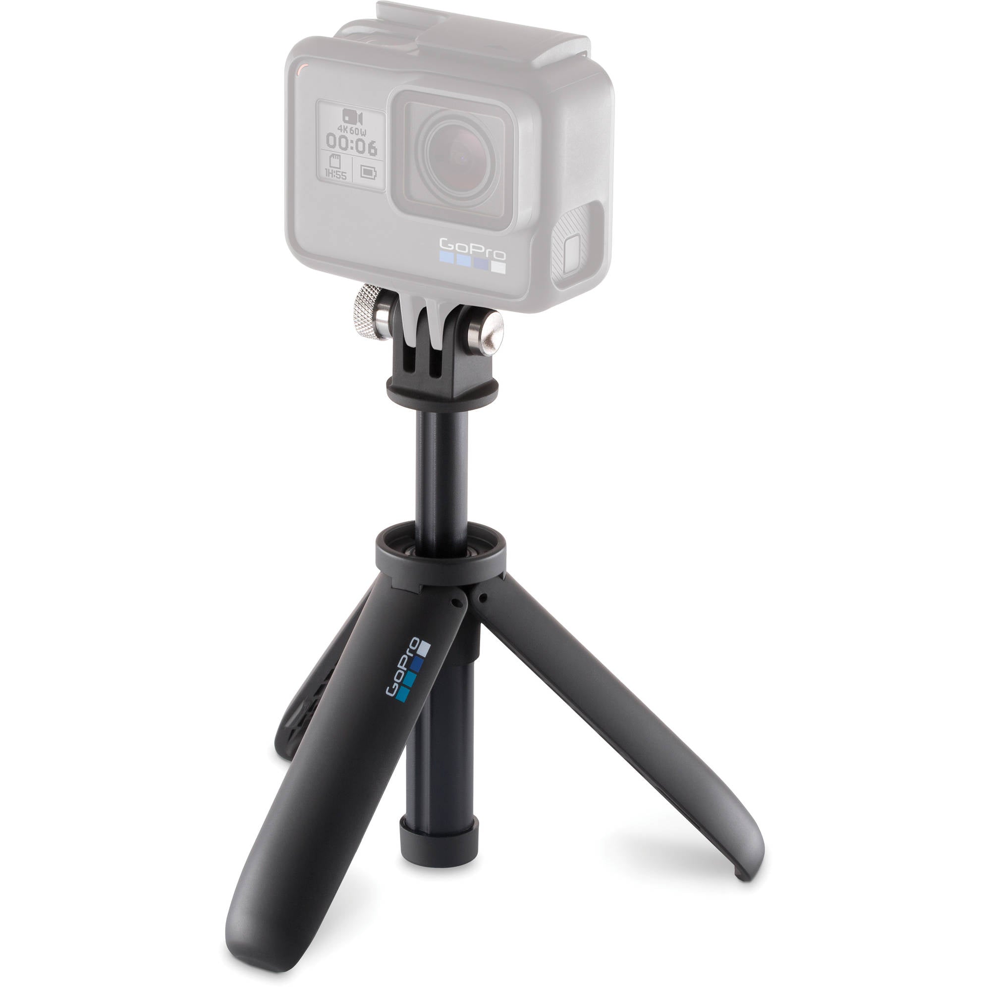 Action camera with a black mini tripod on a white background