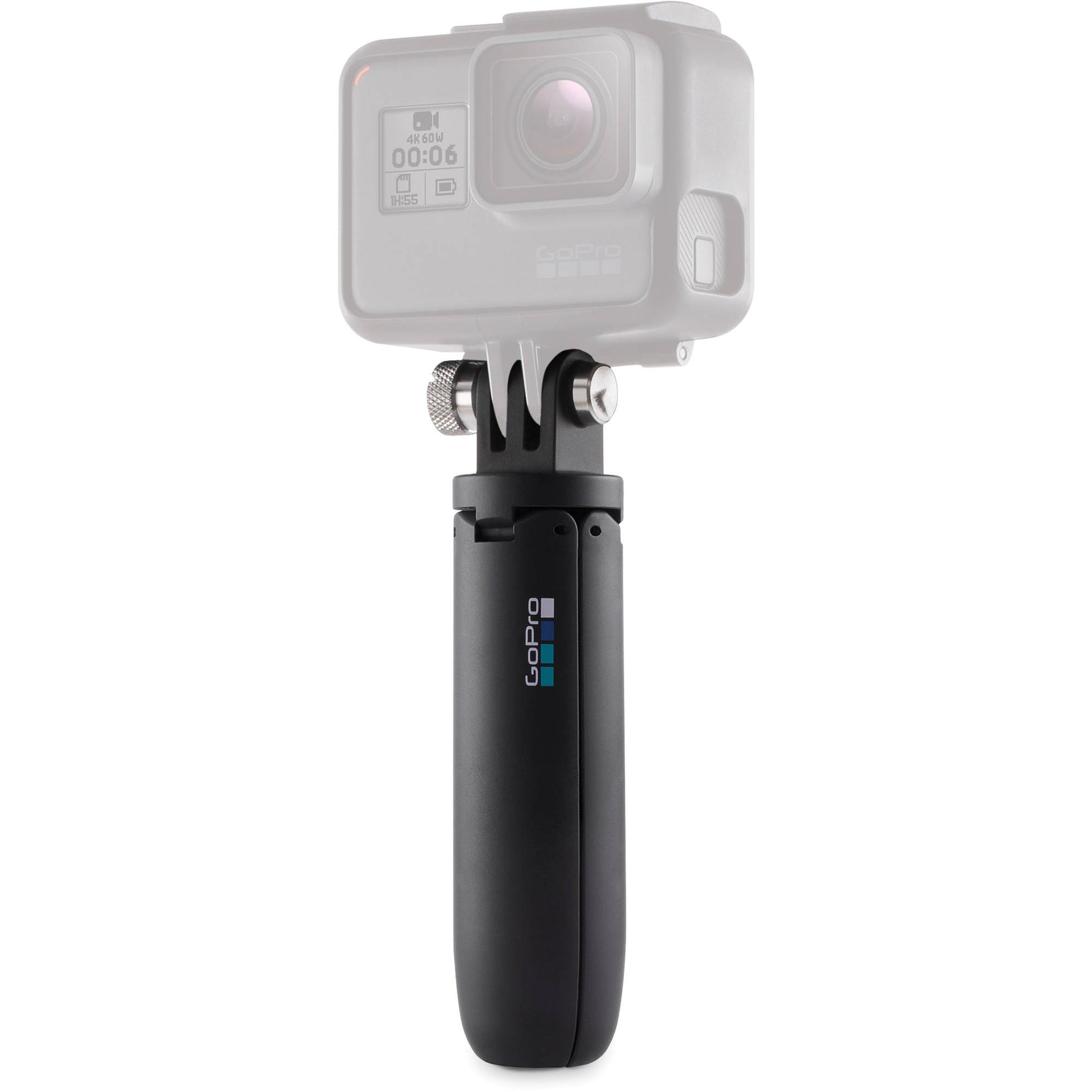 GoPro camera with black handle on a white background