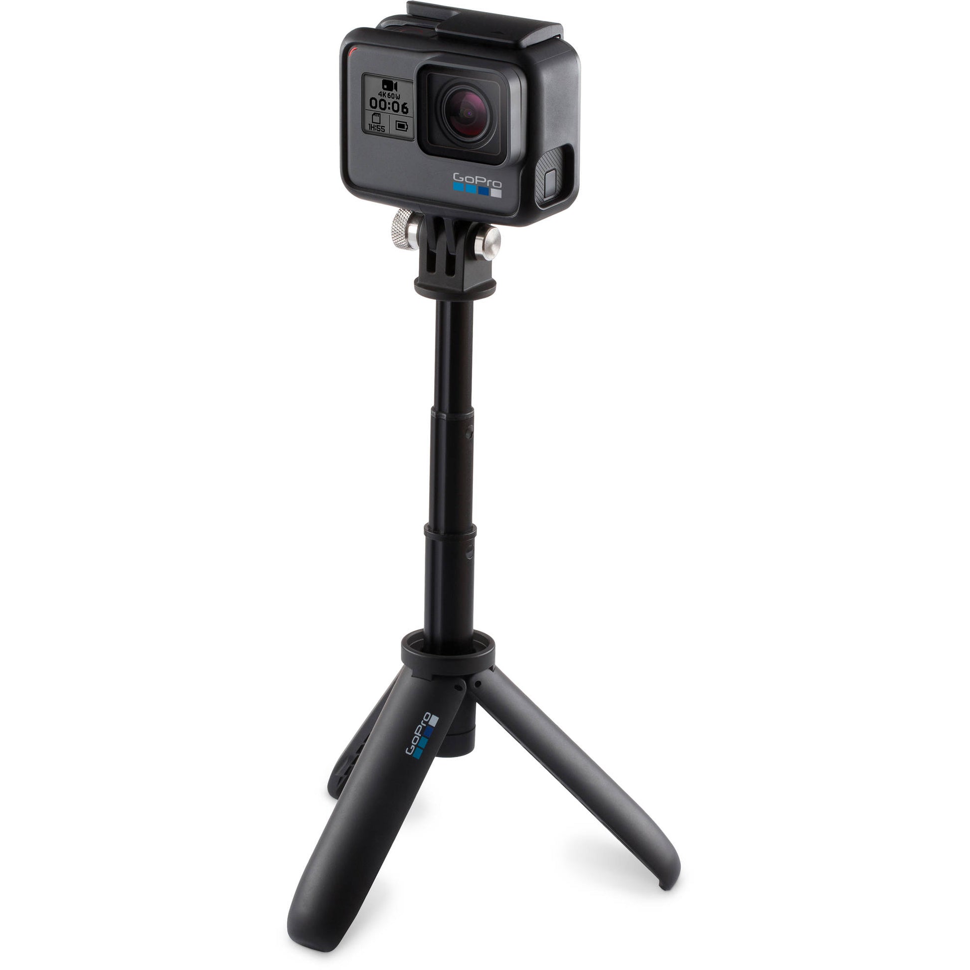 GoPro camera with a black tripod on a white background