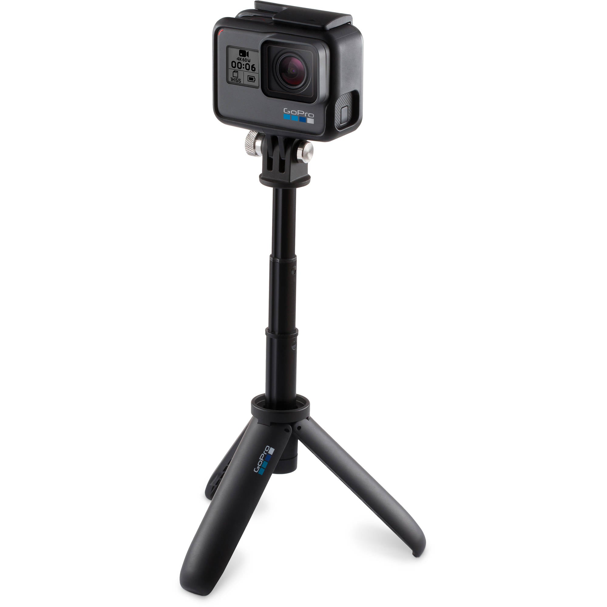 GoPro camera with a black tripod on a white background