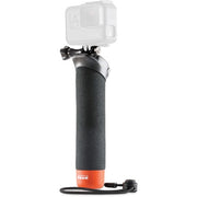 Black and orange GoPro handle on a white background