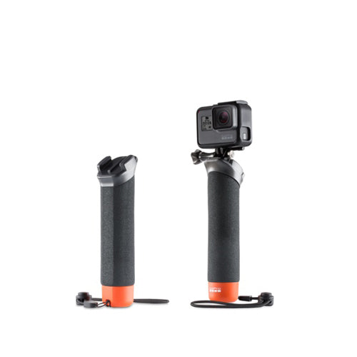 Action camera with a mounted grip on a white background