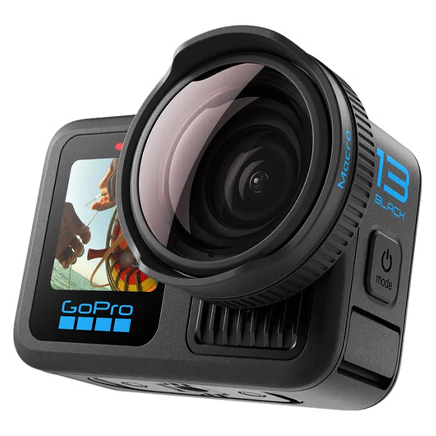 GoPro camera with lens and display on a white background