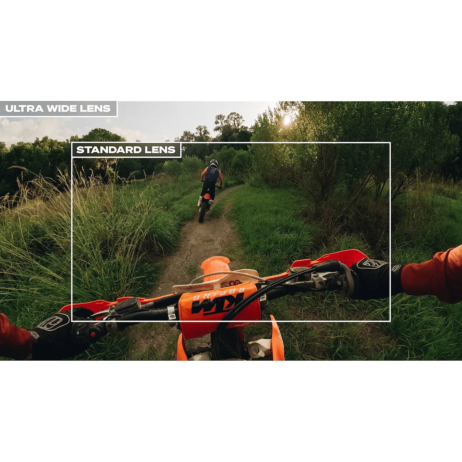 Comparison of ultra wide lens and standard lens on a dirt bike ride through a forest.