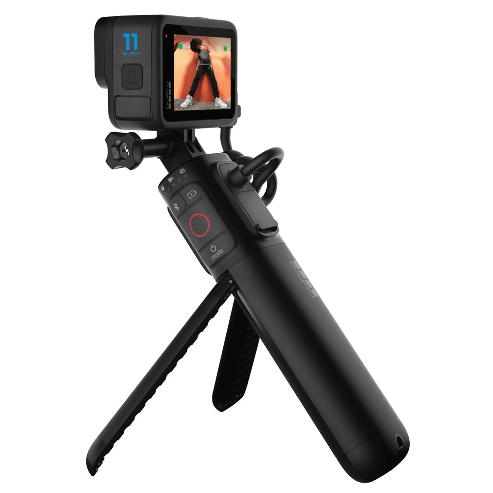 GoPro VOLTA Battery Grip + Tripod Remote in black, featuring integrated battery handle, fold-out tripod legs, built-in wireless remote, and USB-C charging port.