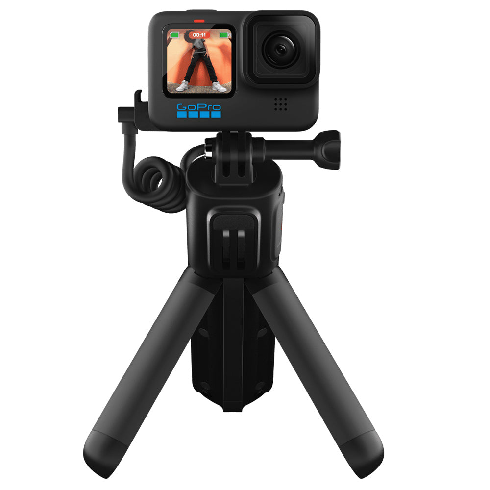 GoPro VOLTA Battery Grip + Tripod Remote in black, featuring integrated battery handle, fold-out tripod legs, built-in wireless remote, and USB-C charging port.