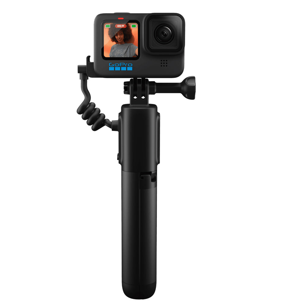 GoPro VOLTA Battery Grip + Tripod Remote in black, featuring integrated battery handle, fold-out tripod legs, built-in wireless remote, and USB-C charging port.