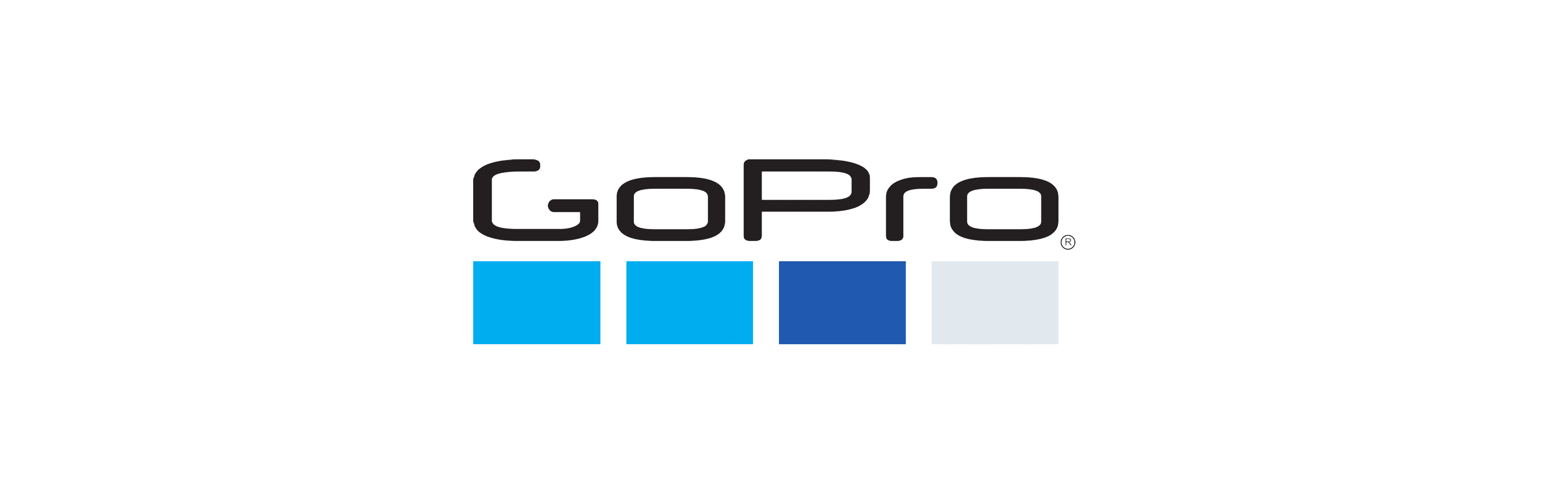 GoPro logo with blue and gray squares on a white background