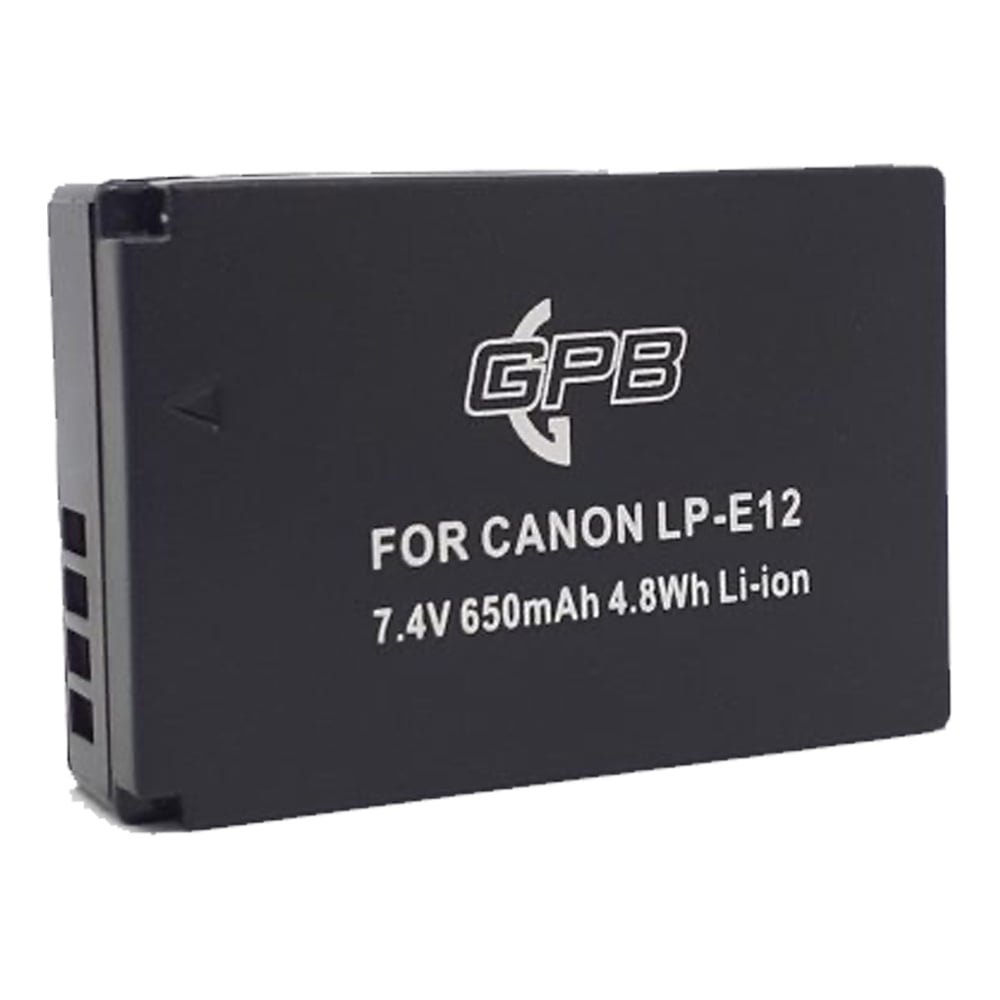 GPB Generic replacement Canon LP-E12 lithium-ion battery with 7.4V output, 650mAh capacity, lightweight design, USB-C rechargeable, compatible with Canon EOS M50, M100, and PowerShot SX70 HS cameras.